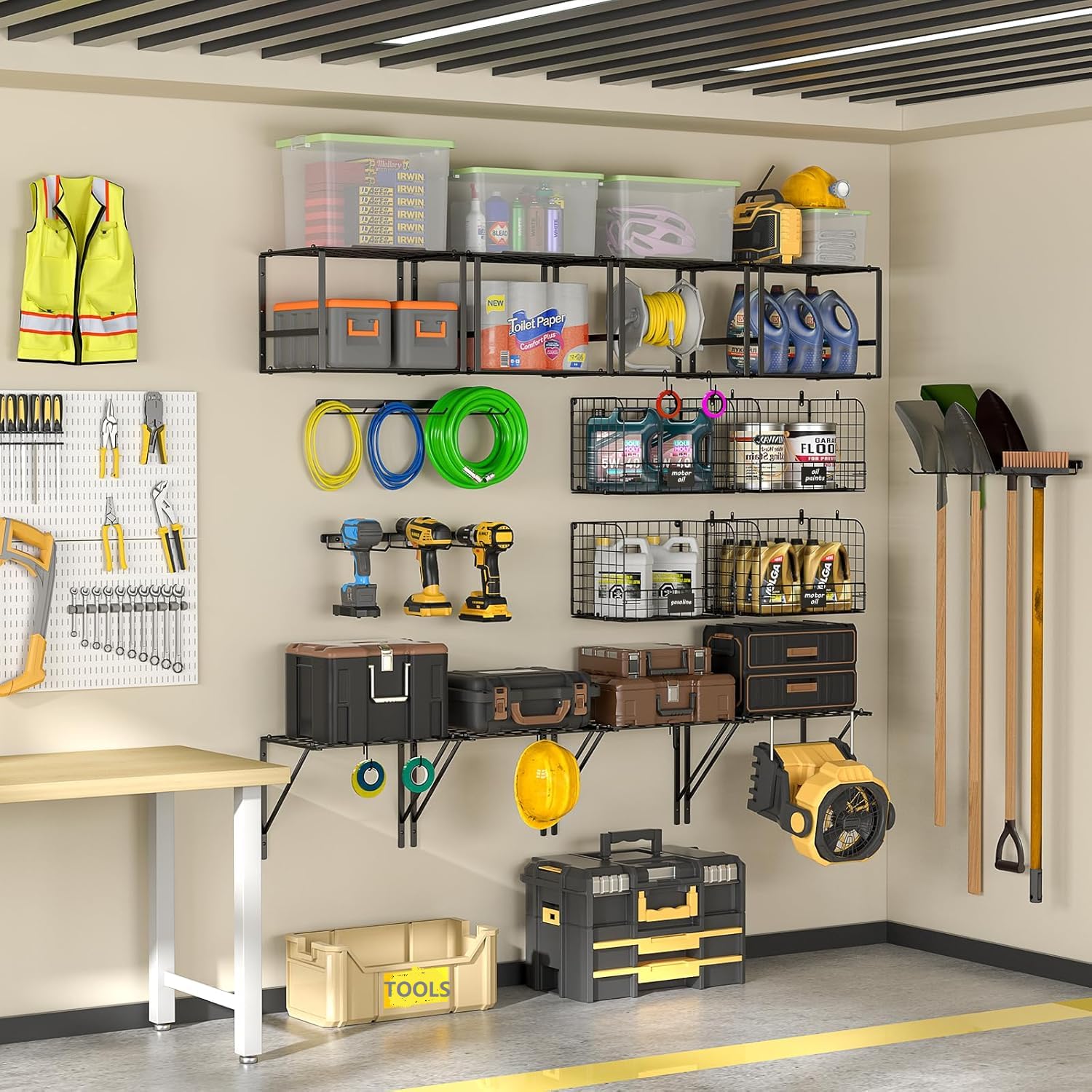 Lot de 2 étagères de garage à fixation murale avec paniers en fil métallique - Robuste - Avec crochets - Pour la maison, le jardin, le garage