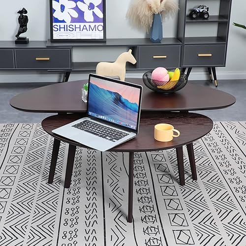 Miniatura 8 de FIRMINANA Mesa de centro moderna de mediados de siglo, mesa de centro grande ovalada de mangotop pequeña para espacios pequeños, madera natural,