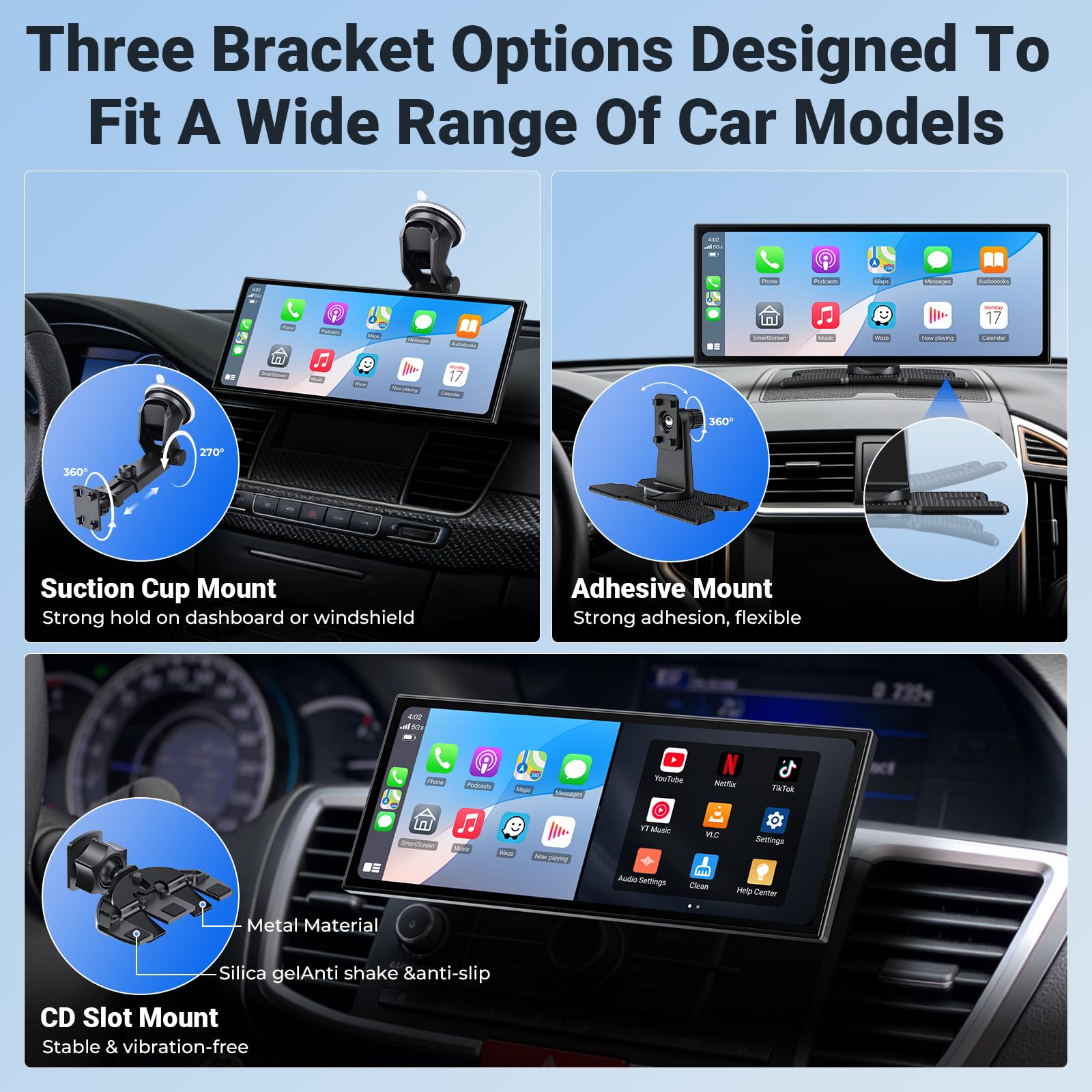 Wyświetlacz samochodowy 10,25" z funkcją CarPlay i Android Auto, zintegrowany Netflix i YouTube, kamera cofania HD, Dual Band WLAN, funkcja dzielonego ekranu, ekran In-Cell