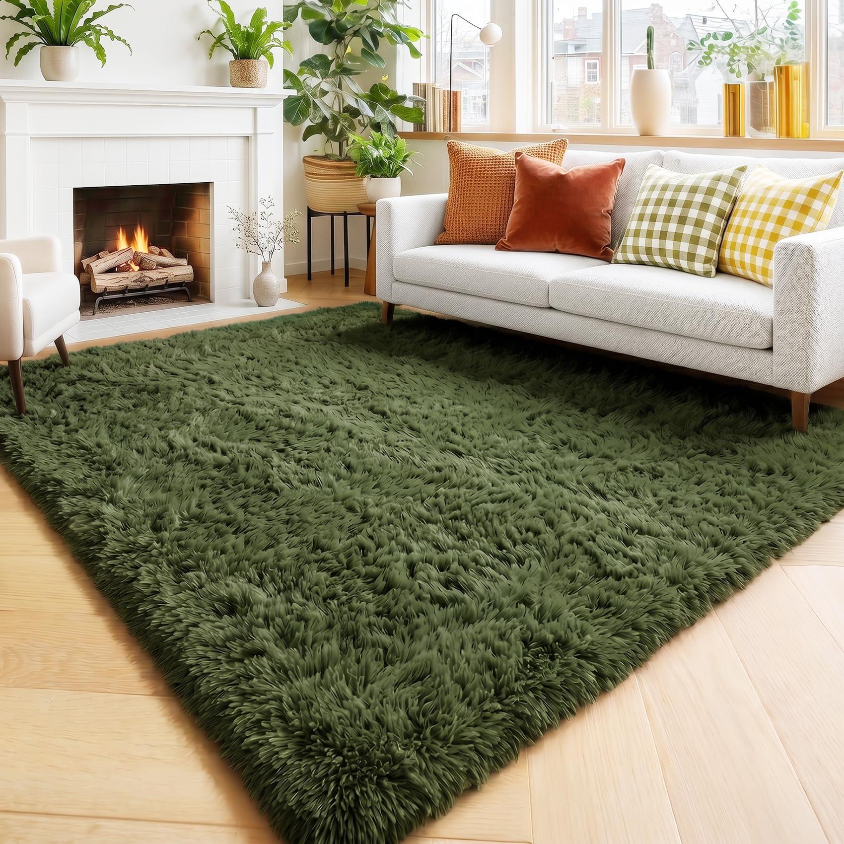 Amdrebio Olive Green Fluffy Area Rugs for Bedroom Living Room, 5x7 Shaggy Modern Cool Rugs for Girls Boys Kids Room Decor, Soft Plush Fuzzy Furry Carpet for Classroom Nursery Dorm Playroom Apartment — image 1