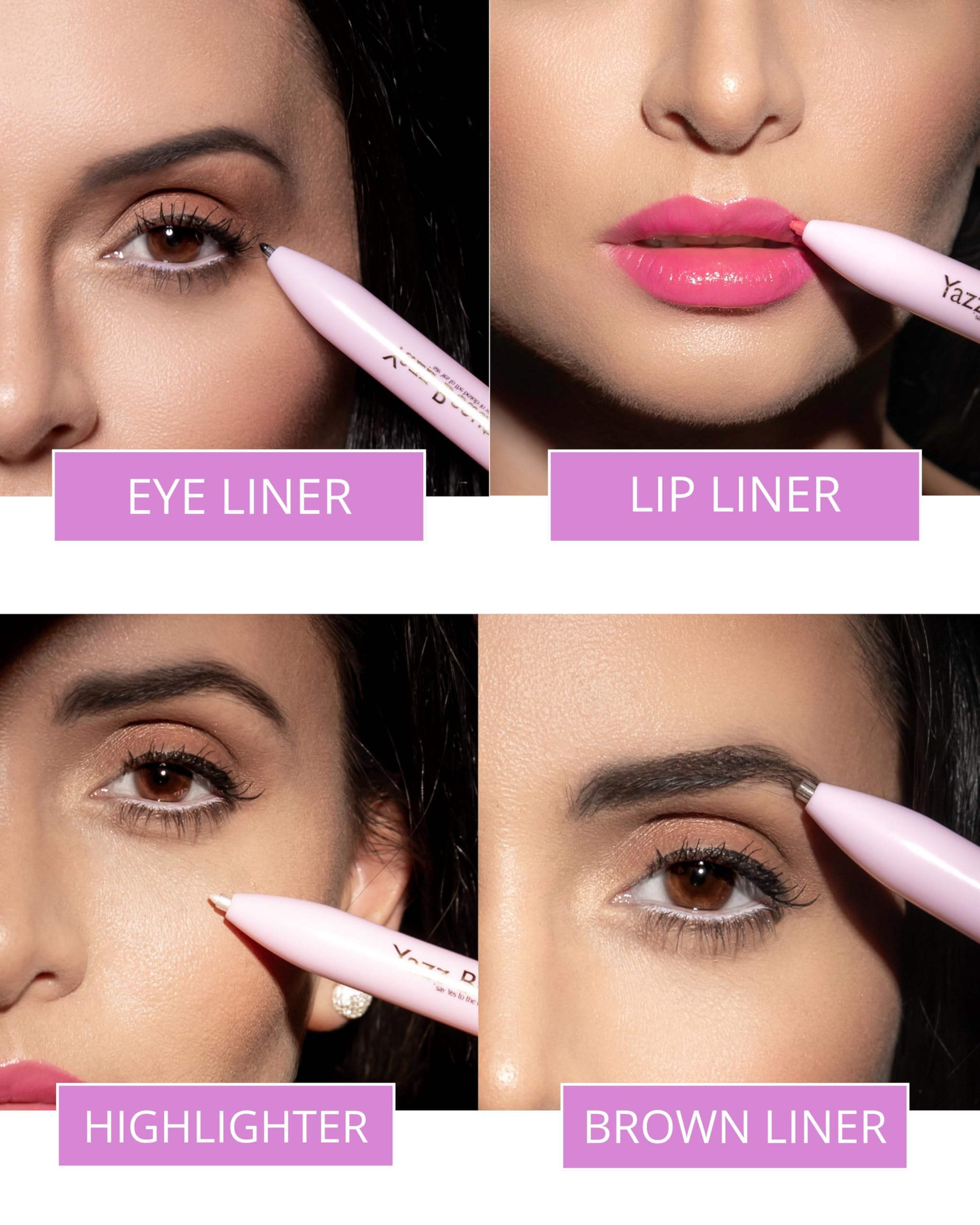 Lápiz de retoque de maquillaje 4 en 1 con delineador de labios rosa intenso, delineador de ojos negro, lápiz de cejas marrón oscuro e iluminador blanco brillante, bolígrafo de belleza 2