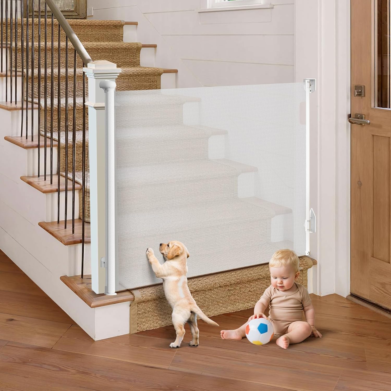 Retractable Baby Gate for Stairs, 55" Wide Mesh Pet Gate, Automatic Tension, One-Hand Operation, 38" Tall Baby Gates for Doorways, Hallways, Deck, Indoor Outdoor, Safe, Easy to Fit, White White 55" Wide x38" Tall