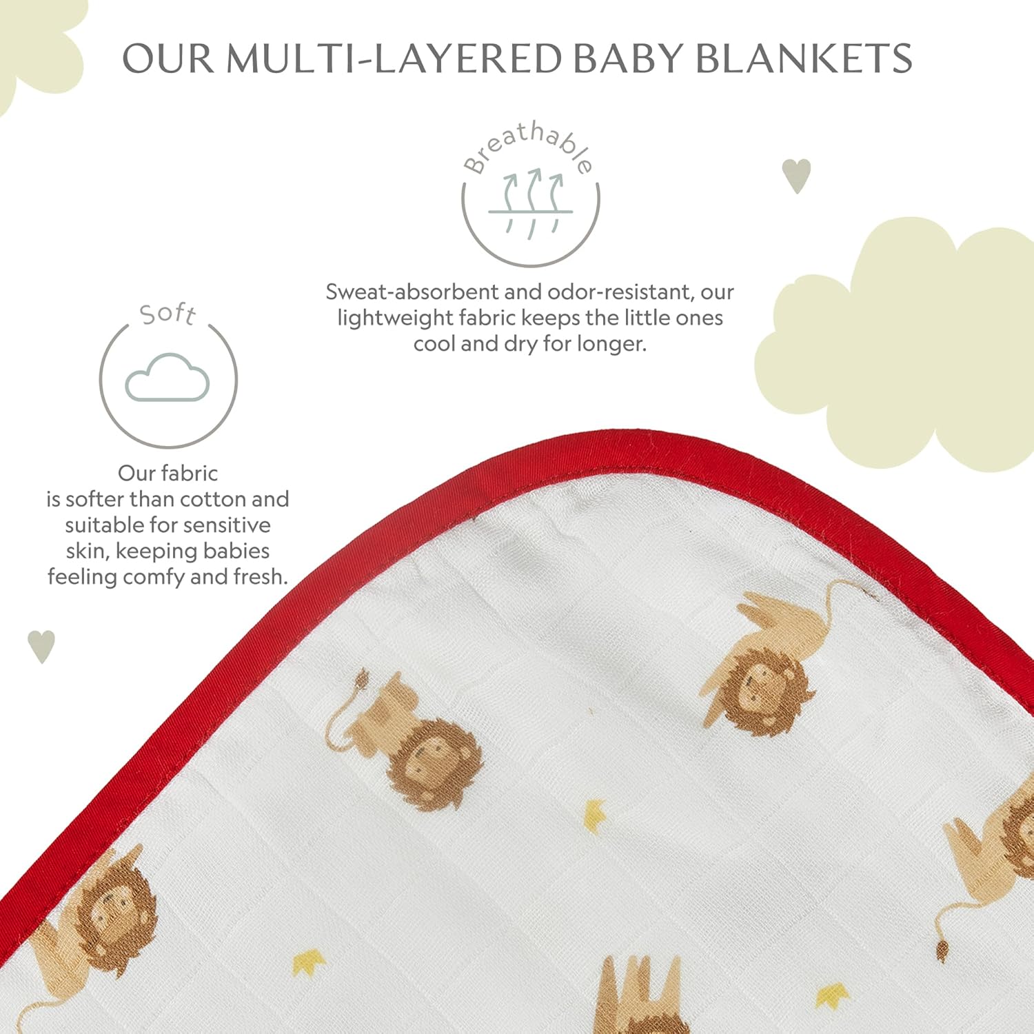 Soft Bamboo Viscose Baby Blanket, Lion, Baby, 47"x47", 8-Layers, 70% Viscose Made from Bamboo, 30% Cotton Muslin - Imported