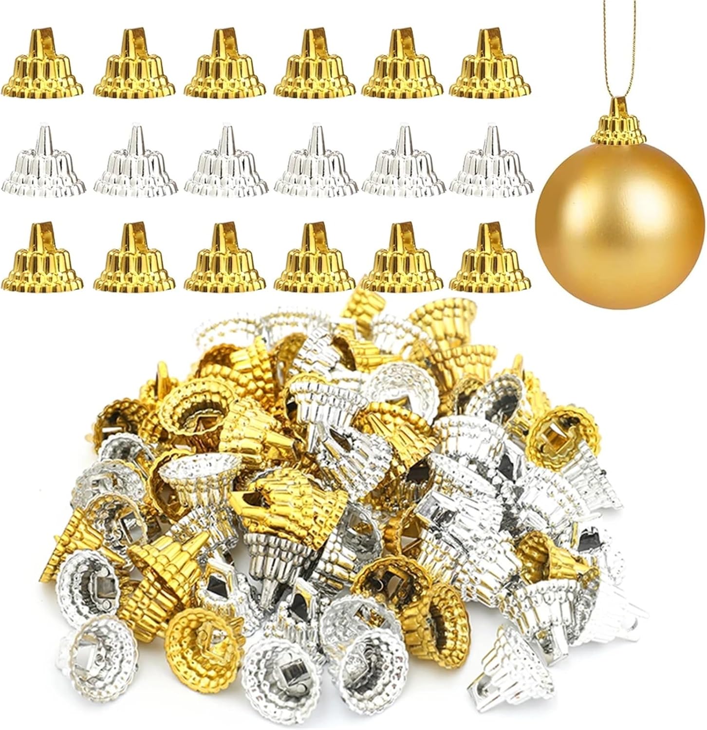 Ornament Caps 700 Pcs Gold Sliver Round Christmas Ornament Caps Hanger Strings Replacement Xmas Tree Ball Plastic Cap for New Year Home DIY(Gold)
