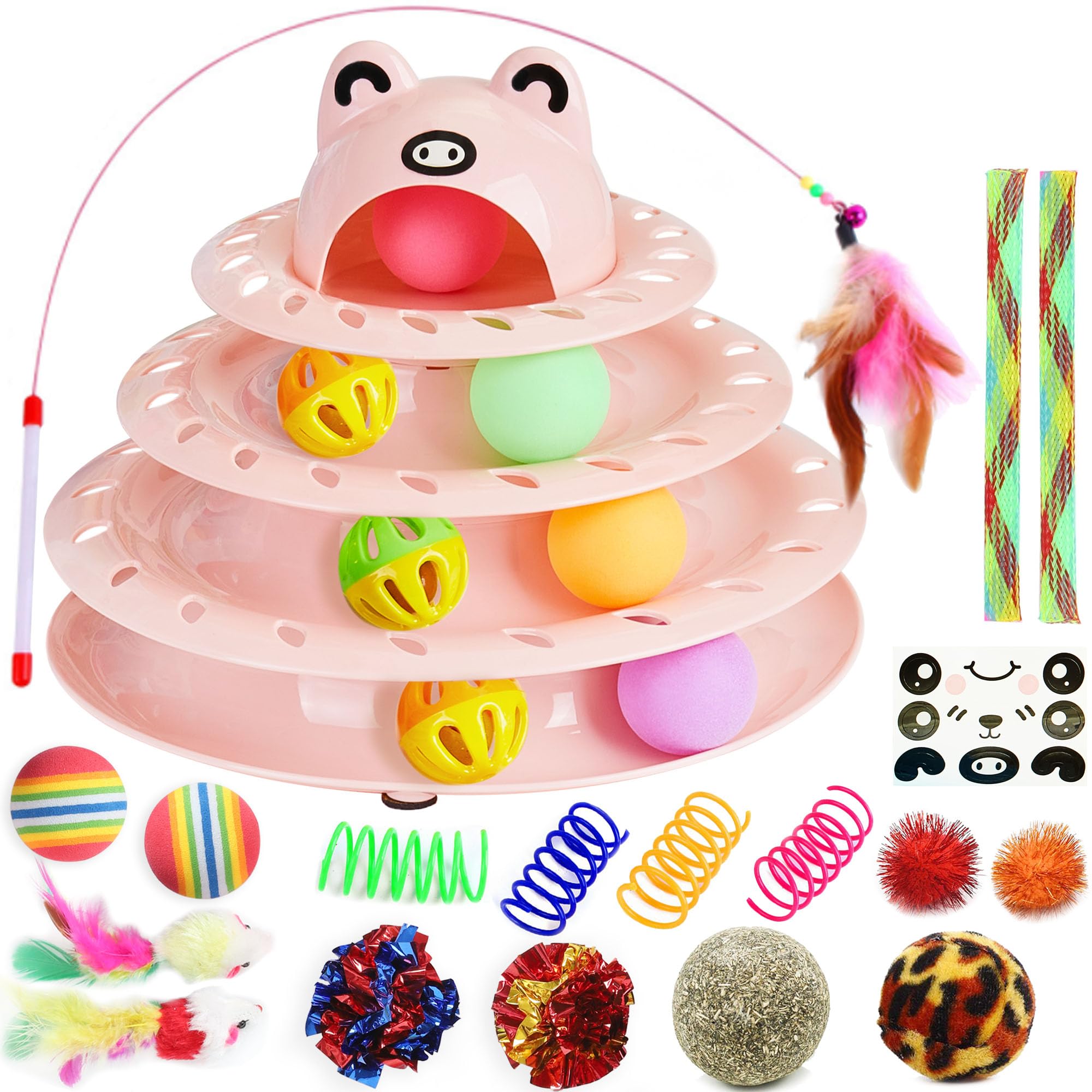 Suhaco 26 PCS Interactive Cat Toys for Indoor Cats Roller 4 Level Track Kitten Toys with 4 Colorful Balls Self Play Kitty Ball Toys Feather Wand Pet Toys for Boredom (Pink)