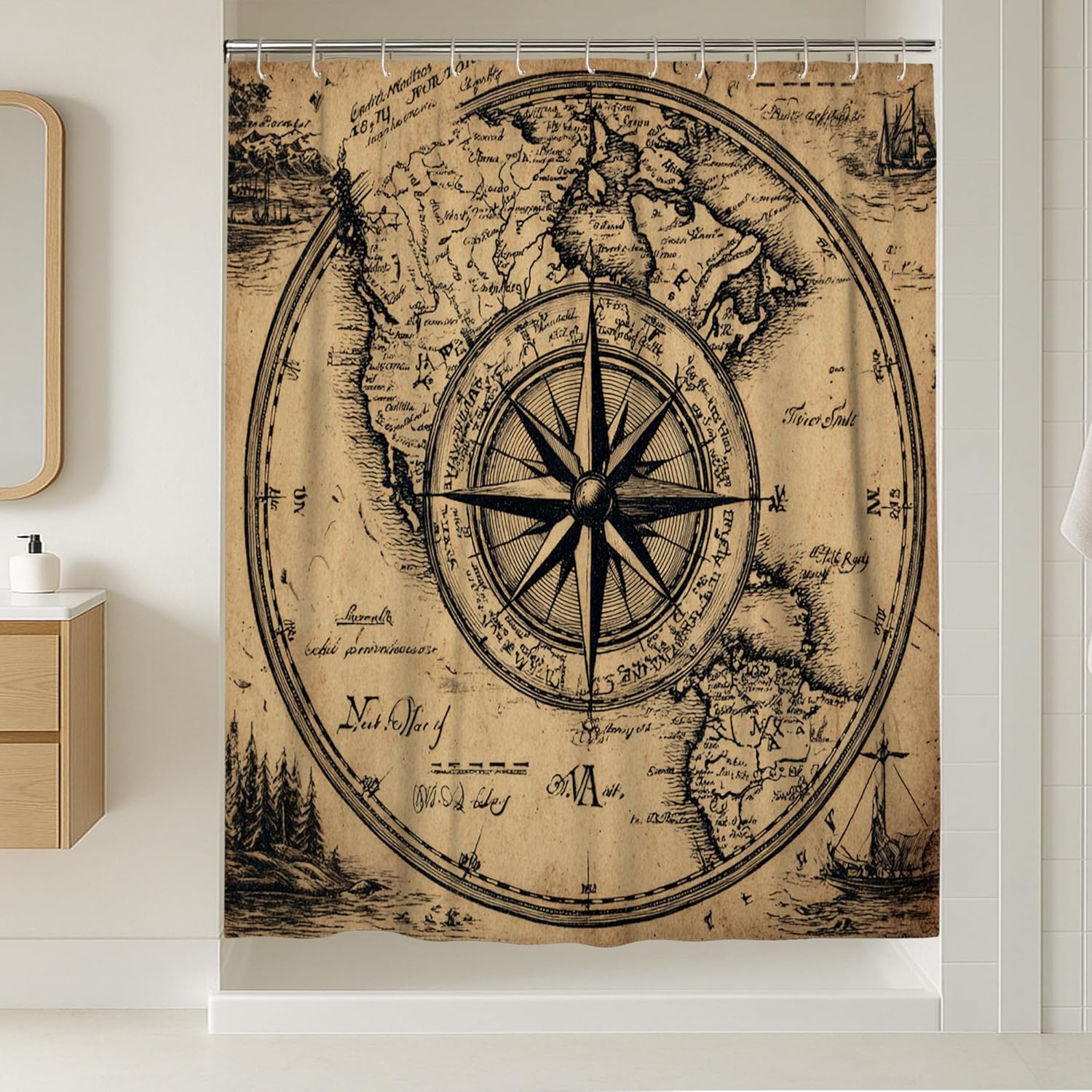 Vintage Map Shower Curtain, Antique Brown Nautical Compass Bathroom Decor, Classic Travel Adventure Design for Ocean Lovers, Water Resistant Fabric Curtain with Hooks 62x72 Inch