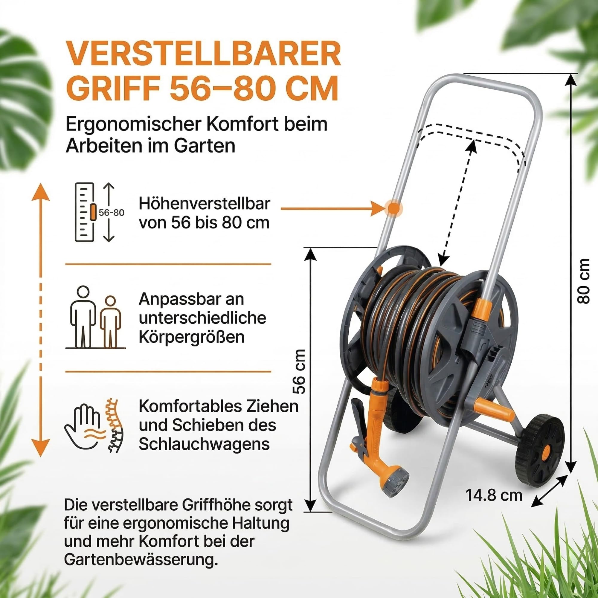 NEO TOOLS Mobiles Gartenbewässerungssystem Komplettset mit Schlauchwagen | 30 m Gartenschlauch 1/2 Zoll, 6-Funktionen-Gartenbrause, Für Rasen und Garten, PVC, UV-Beständig