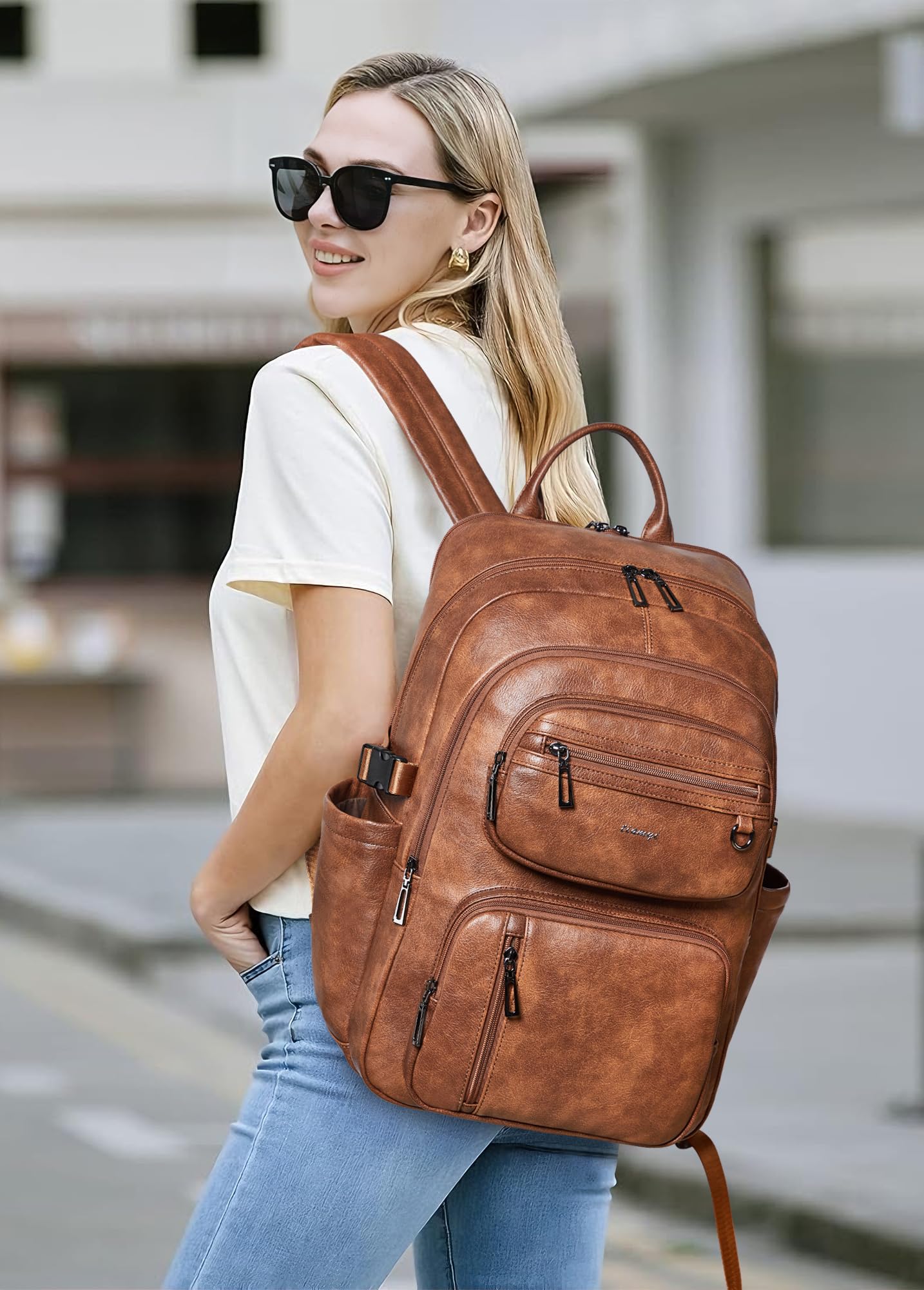 TSA - Zaino da viaggio in pelle vegana, per uomo e donna, adatto per laptop da 17", con cinghia per bagagli, colore: marrone