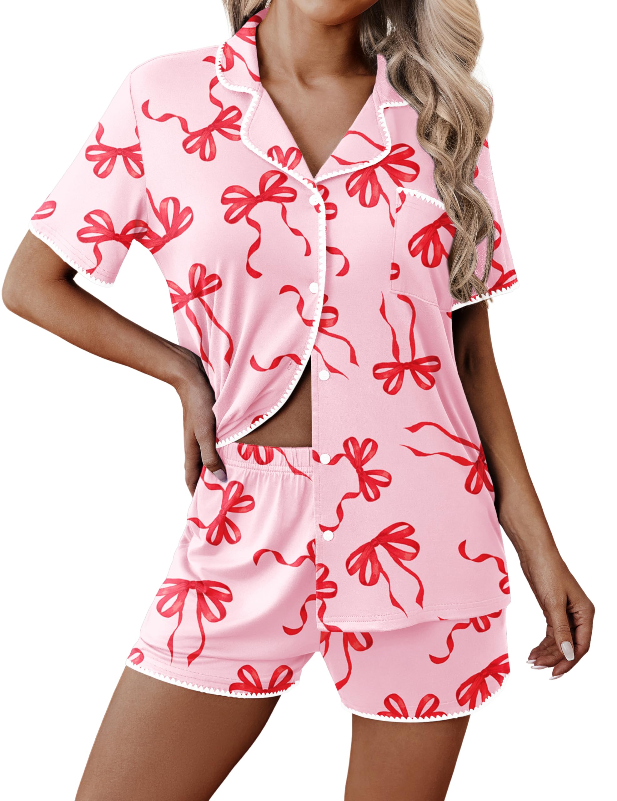 Ekouaer Pajamas for Women Set 2 Piece Soft Button Down Top and Shorts | Short Sleeve PJs with Cute Scalloped Trim, Soft Lightweight Lounge Sets, Ideal for Sleep, Travel &amp; Vacation