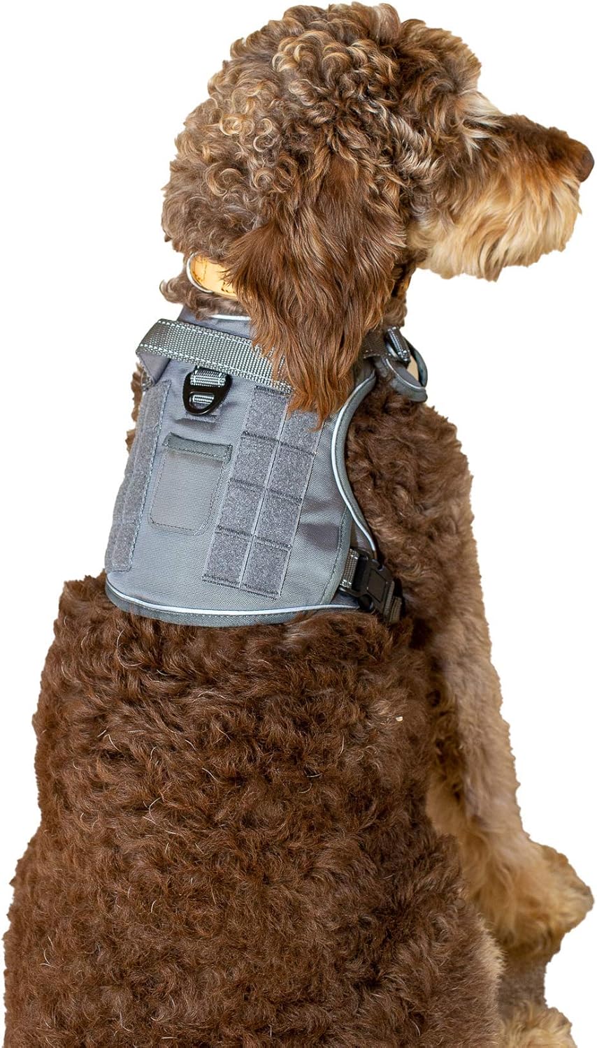 Tactical Dog Harness No-Pull Adjustable Pet Harness Reflective K9 Working Training Pet Vest Military Service Dog Harness for Small Medium Large Dogs (L(Neck:18-27",Chest:24-35"), Grey)