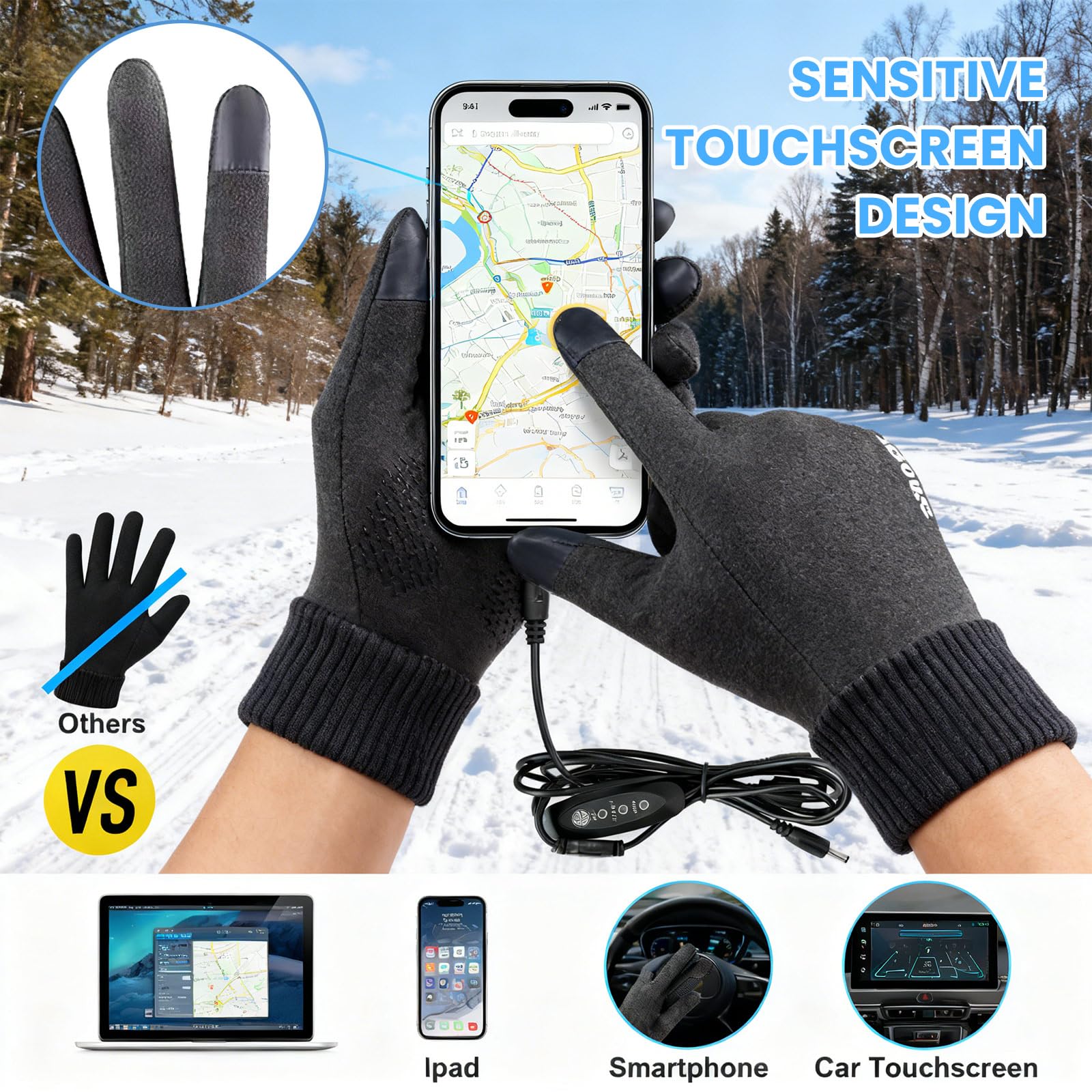Guantes calefactables eléctricos 3 niveles de calor táctil para hombre y mujer