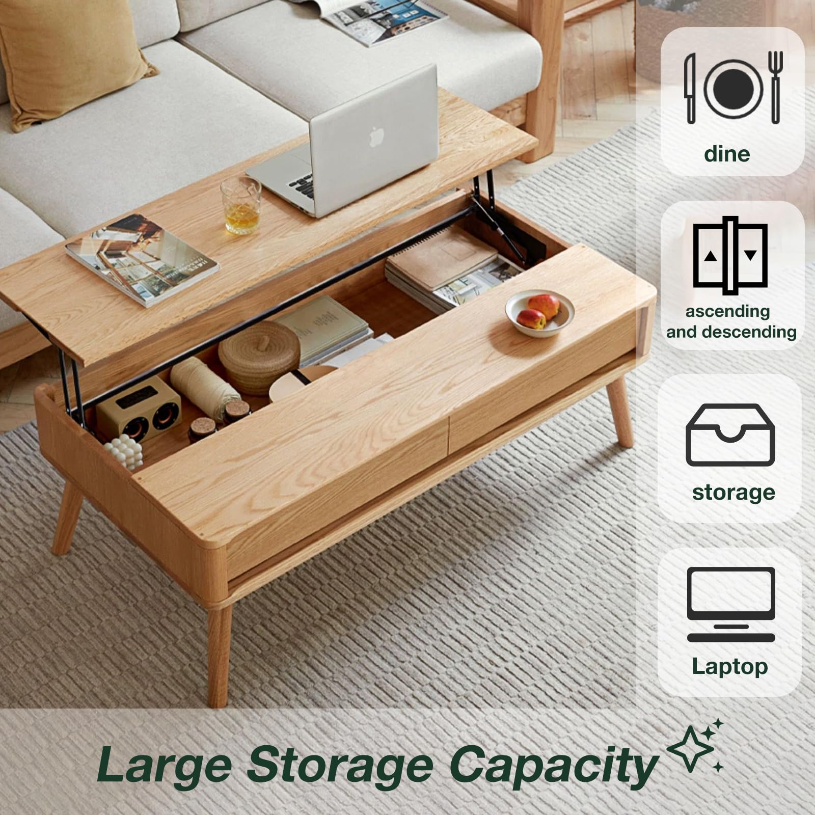Amazon.com: Grewood Lift-Top Coffee Table with Storage, Solid Oak