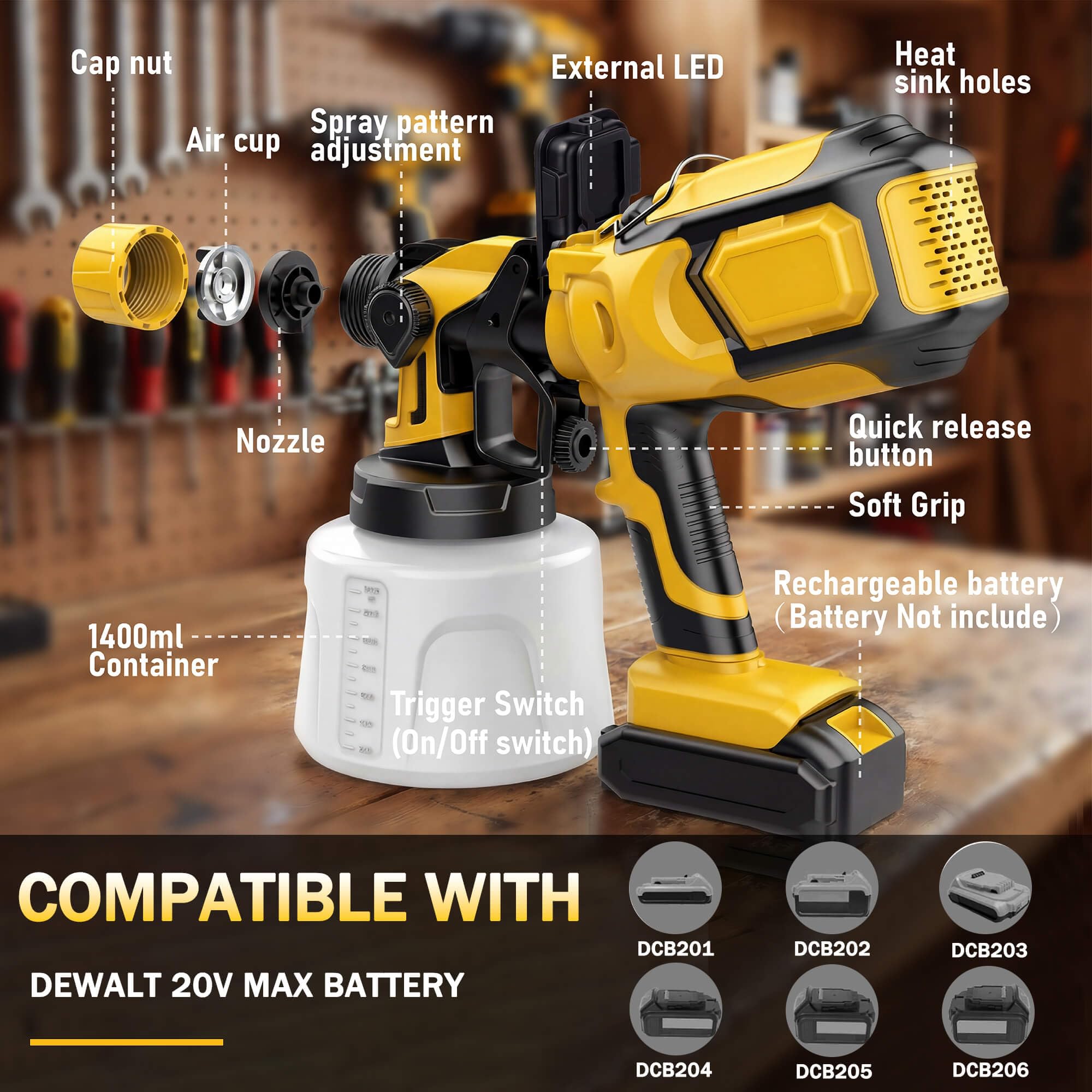 Cordless Paint Sprayer Compatible with Dewalt 20V MAX Battery (NO Battery) - Electric Spray Paint Gun with Led Light, 4 Nozzles & 3 Modes for Interior/Exterior House Painting, Furniture & Fences — view 6