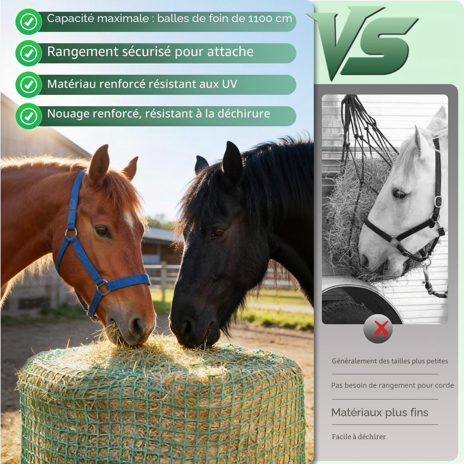 Filet à Foin pour Balles Rondes, Ø 150 cm Hauteur 150 cm Grand Filet à Foin pour Chevaux Filet à Foin à Mailles Fines 5 x 5 cm Filet Robuste pour Balles Rondes avec Sac Rangement
