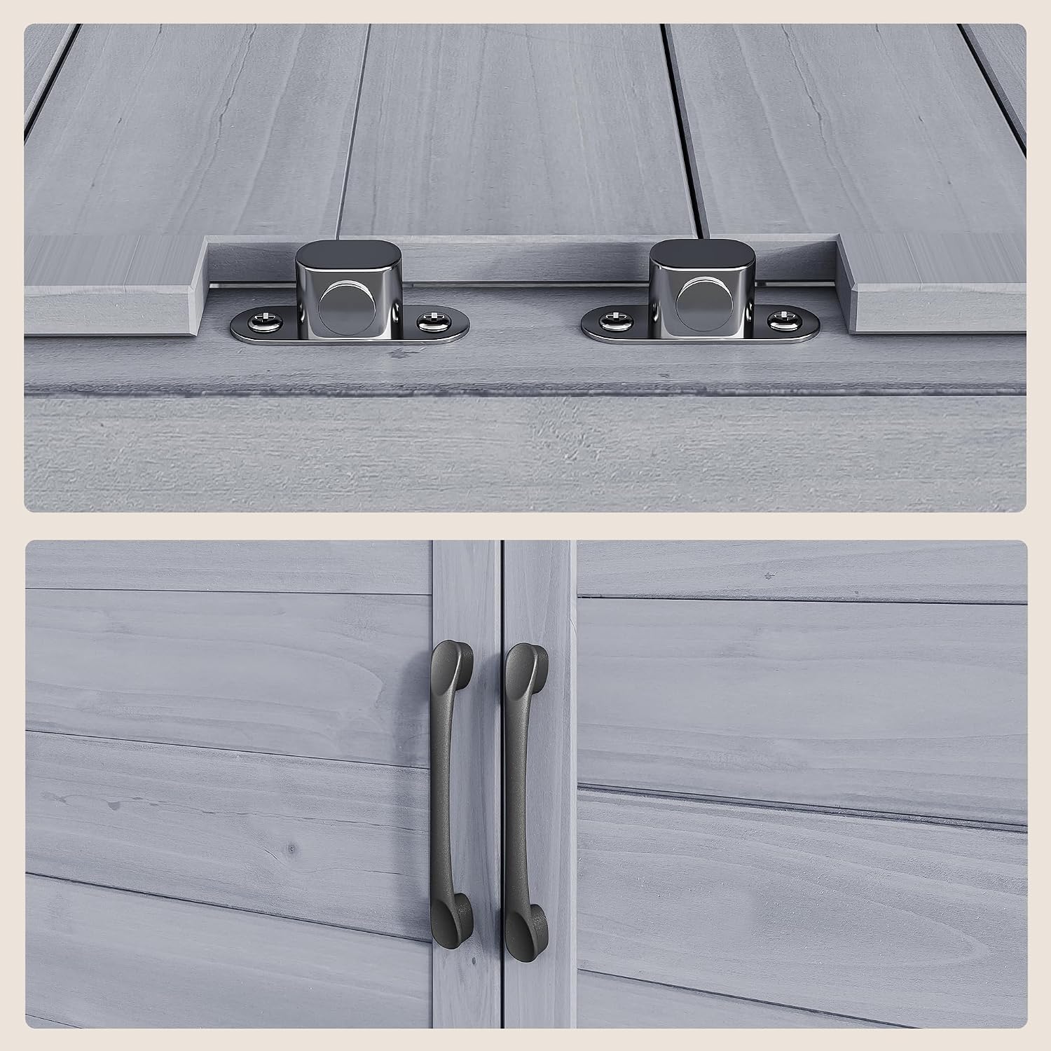Detailní záběr view of the handles and hinges on the doors of the Bealife Plant Table cabinet.