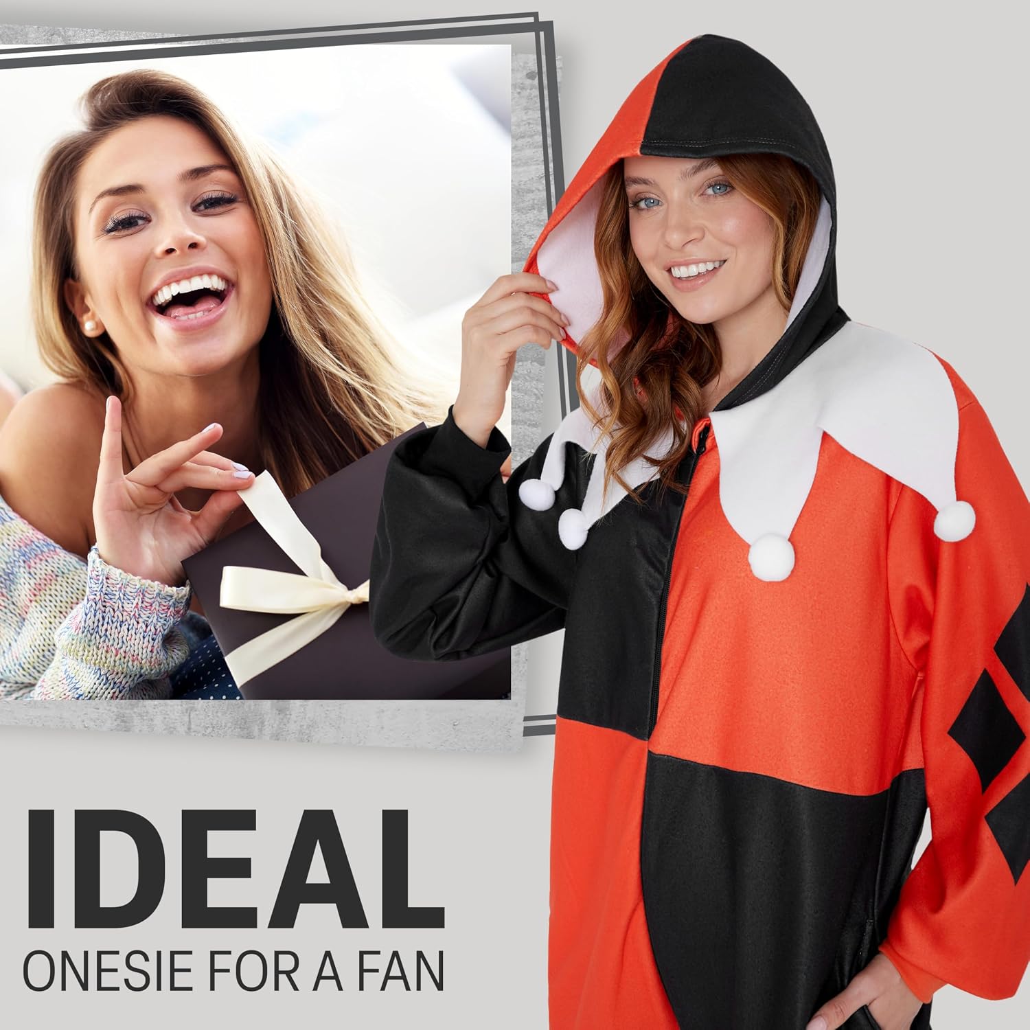 DC Comics Harley Quinn Womens One Piece Pajamas with Hood, Fleece Loungewear