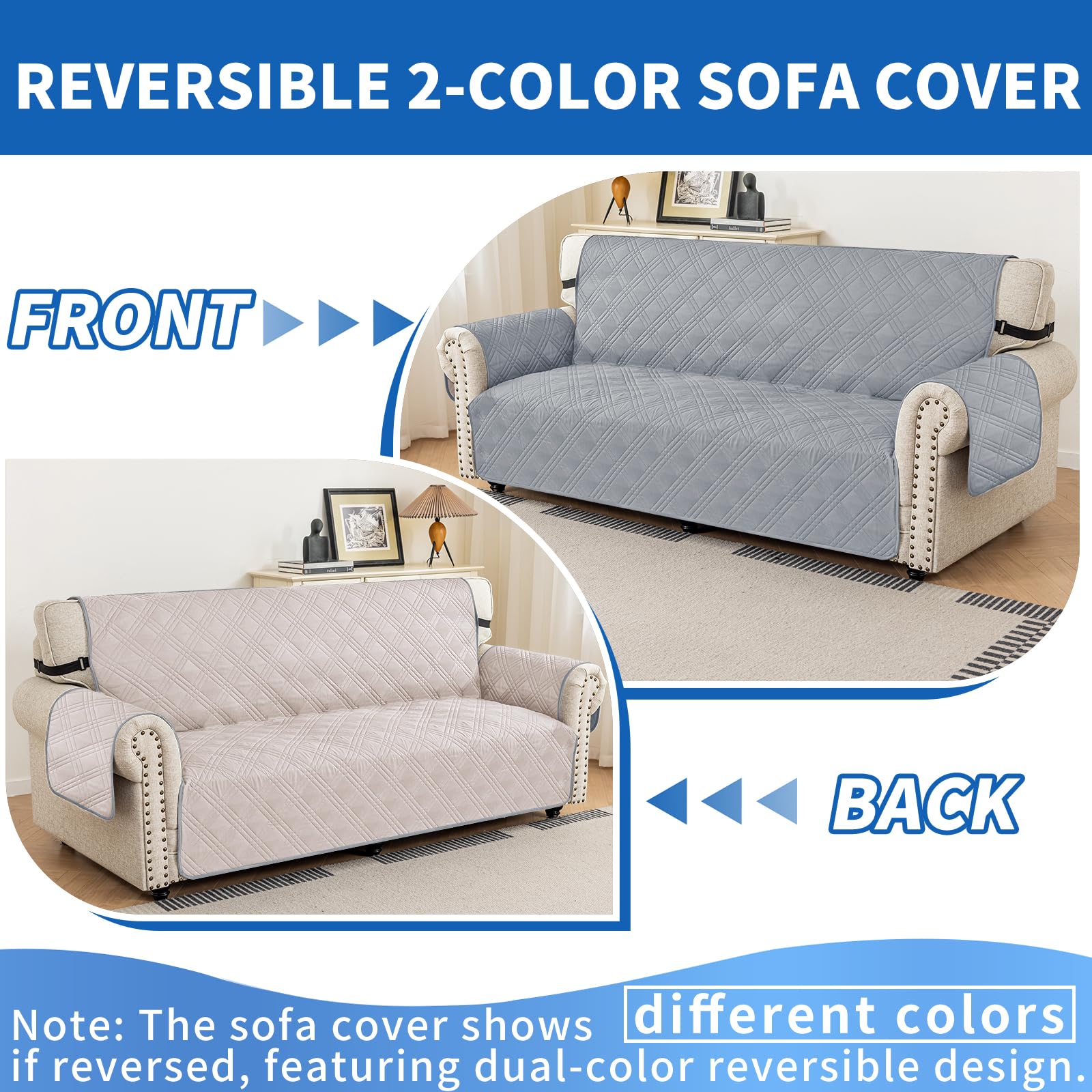 Ystyle Copridivano 3 Posti Con Braccioli, Reversibile Copri Divano Antigraffio Per Gatto Gatto, Copertura Divano Trapuntato Doppio Lato, Universale Sofa Cover, Grigio Chiaro + Beige