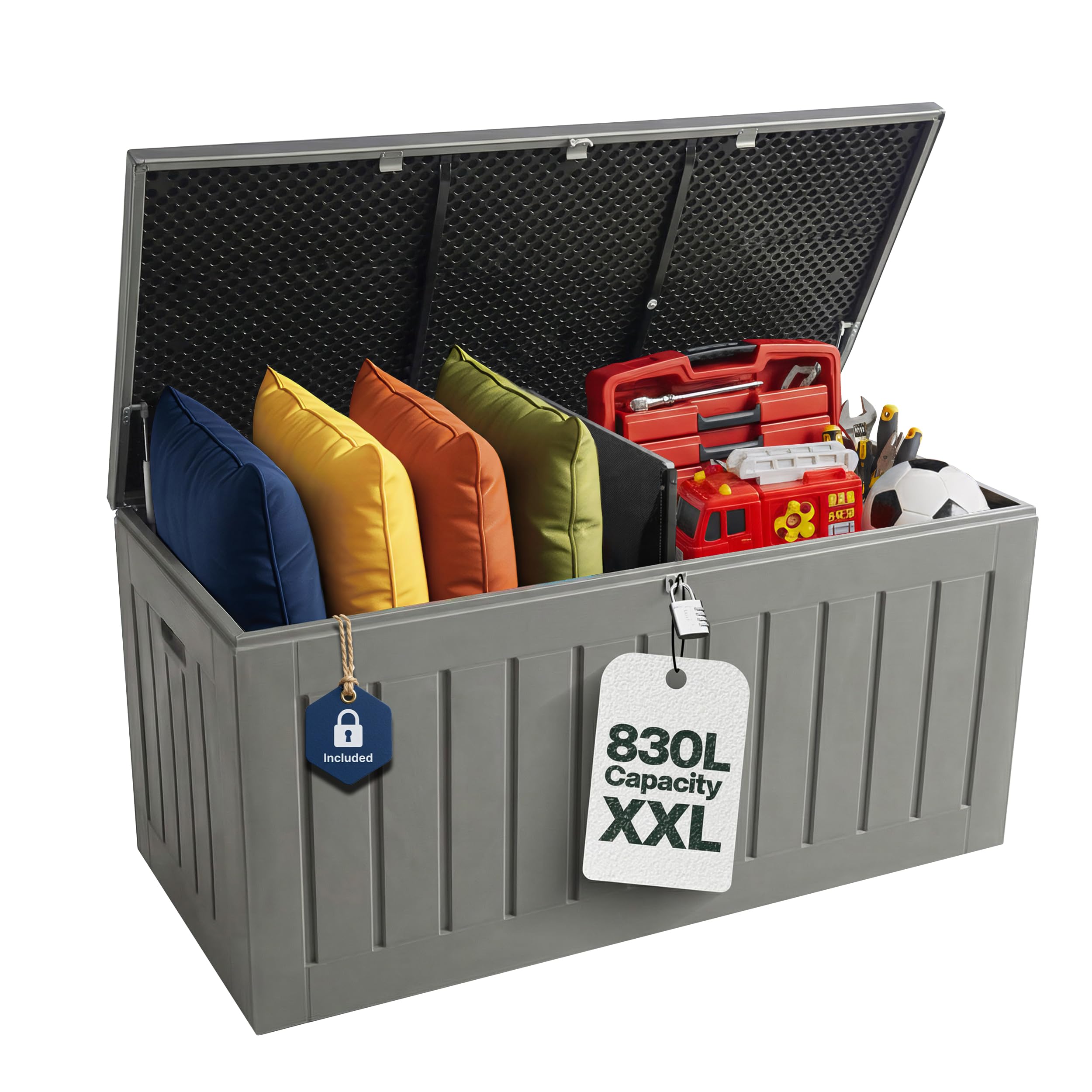 Olsen & Smith 830L Extra-Large Garden Storage Box & Bench Seat – Lockable, Waterproof Outdoor Storage Box with Lid for Cushions, Tools & Toys – Wood Effect Grey, 160 x 78 x 76cm