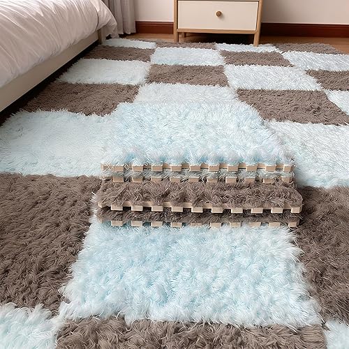 Vista 10 de Tapete de espuma de felpa gruesa que se entrelaza, 24 piezas de 12 x 12 pulgadas, tapetes cuadrados esponjosos de espuma con bordes, alfombra