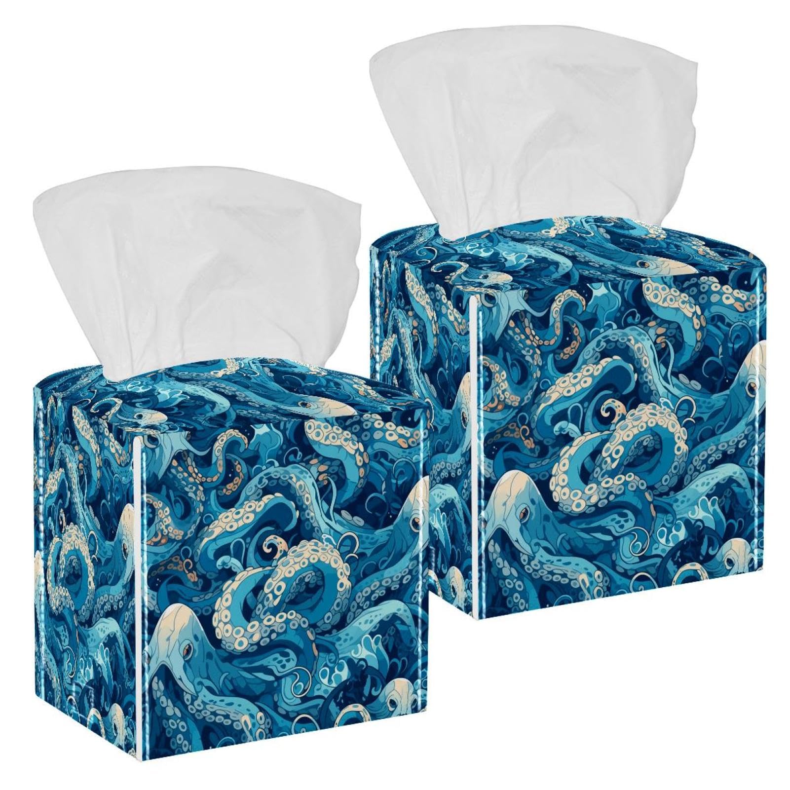 Cartoon Octopus Tissue Box Cover, 2 Pack PU Leather Square Facial Tissue Dispenser Box holder for Home Office Car
