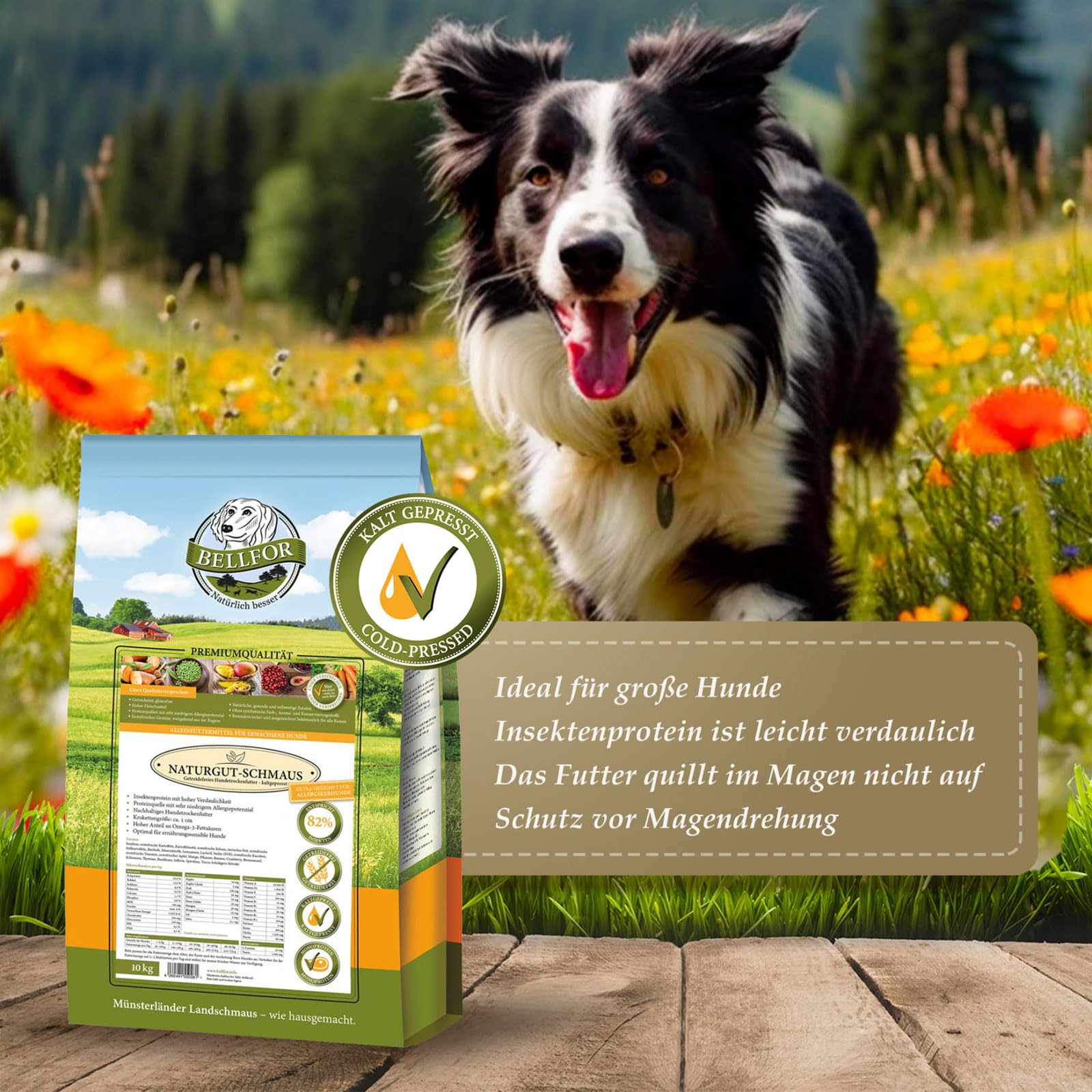 Bellfor Naturgut-Schmaus Hochwertiges Kaltgepresstes Hypoallergenes Trockenfutter für Hunde mit Insekten Getreidefrei Optimal für Ernährungssensible Hunde (10 kg)