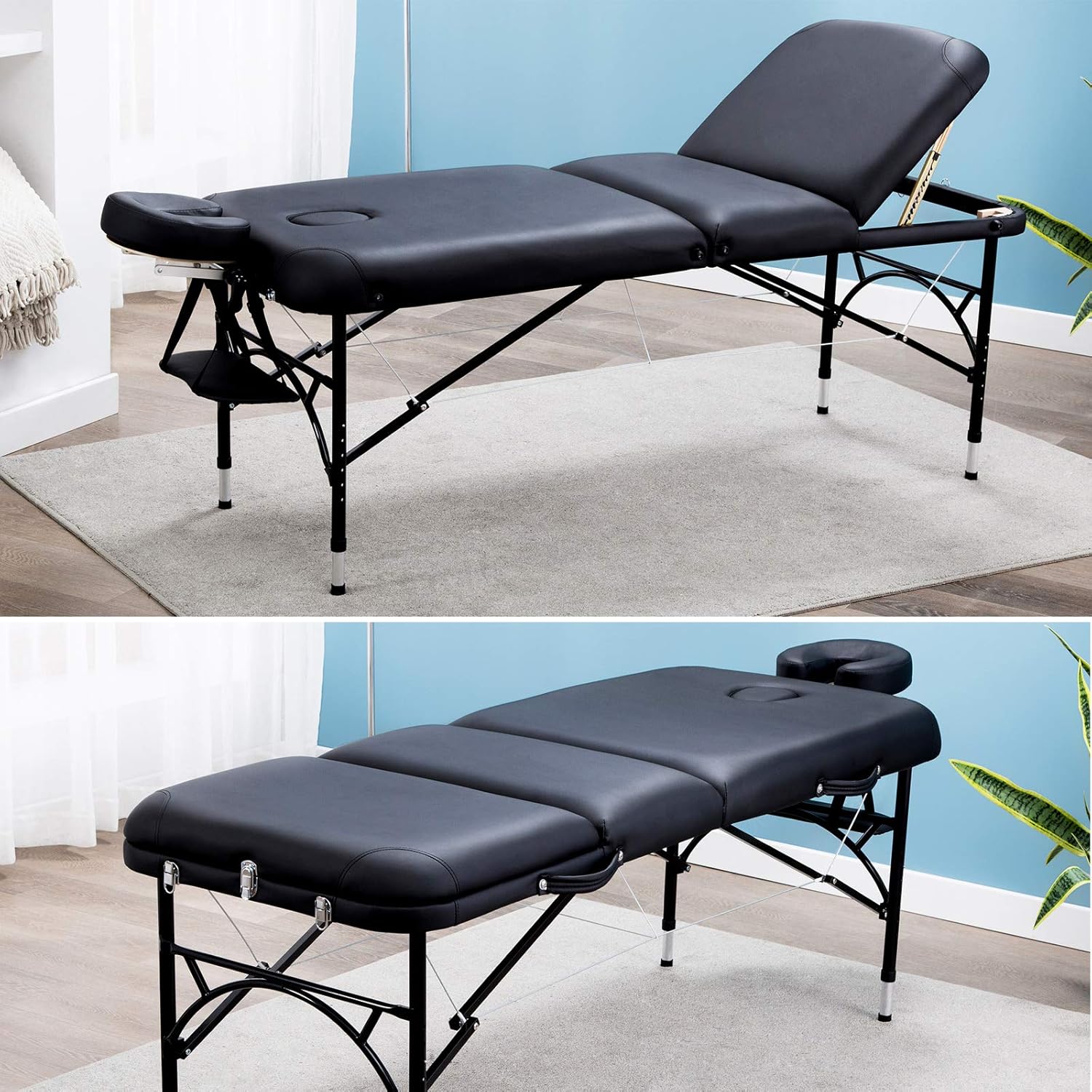 Artechworks 28" Width 3 Folding Portable Lightweight Massage Table Facial Salon Spa Tattoo Bed with Aluminium Leg for Home Office Living Room, Black