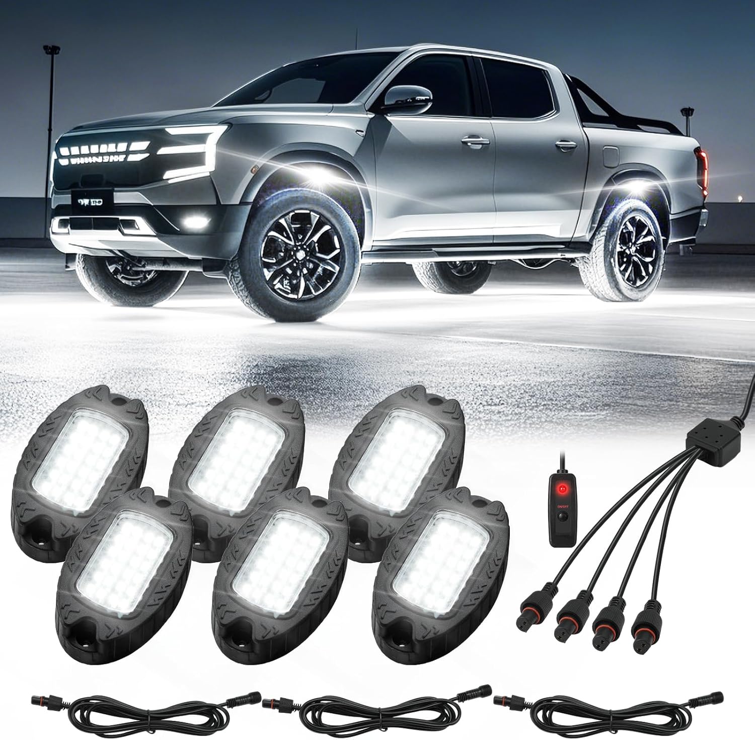 6 Pods Pure White LED Rock Lights and 4 Pieces of 78-Inch/6.56-Foot 2-Pin White LED Rock Light Extension Cable Set