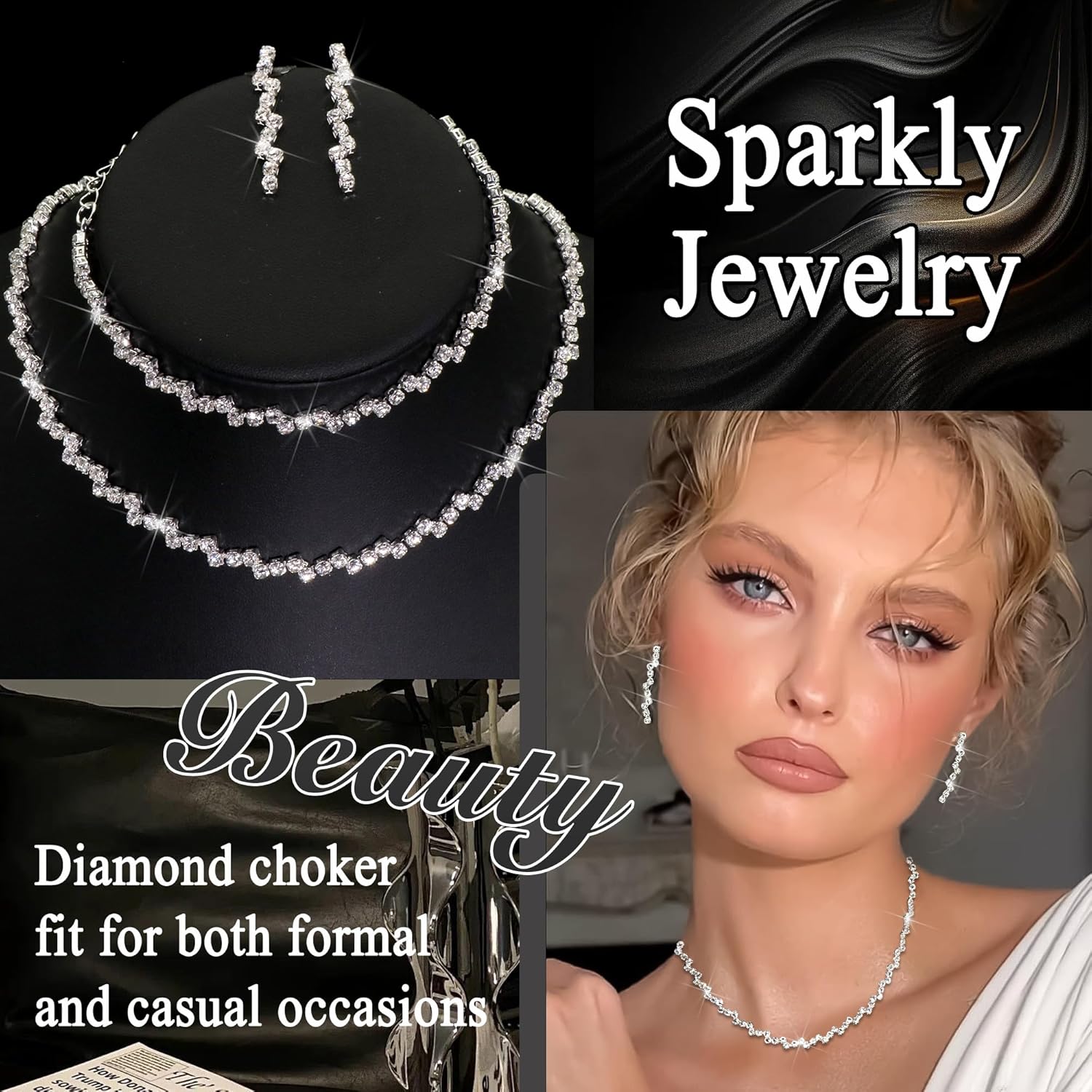 Rhinestone Jewelry Set Silver Crystal Choker Necklace Jewelry Sets Bridal Diamond Chain Choker Necklace Earrings and Bracelet Sparkly Wedding Bridal Prom Formal Costume Jewelry Set for Women - Image 6