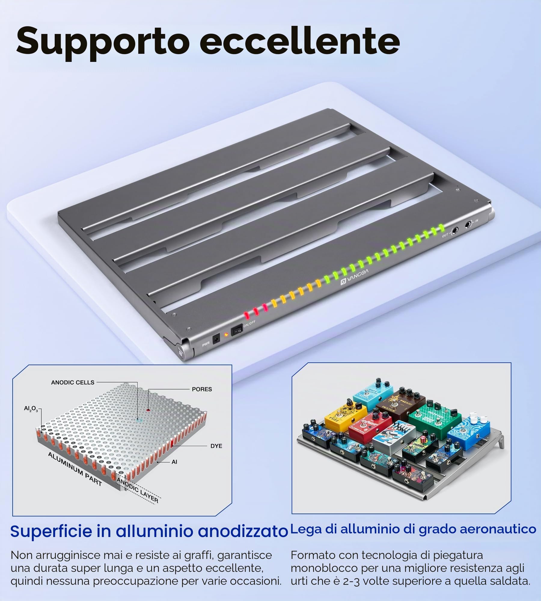 Vangoa Pedaliera per chitarra Pedalboard con Alimentatore Isolato,Incorporato PD-M in Alluminio, Piccola Pedaliera Portatile Pieghevole per Chitarra con Borsa per il Trasporto, Grigio