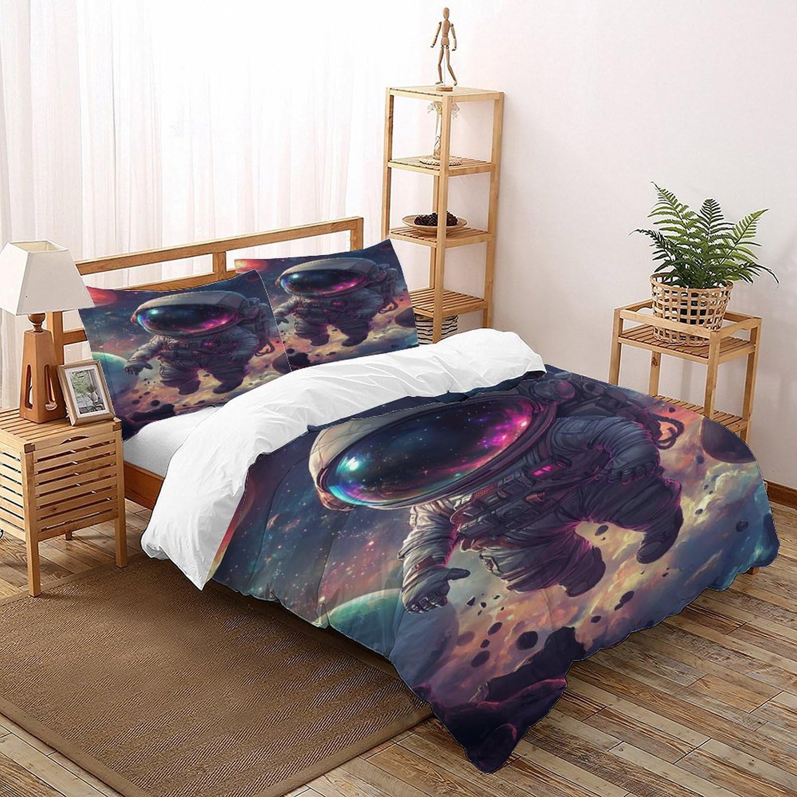 Housse de couette microfibre astronaute parure de lit double adulte 3 pièces ciel