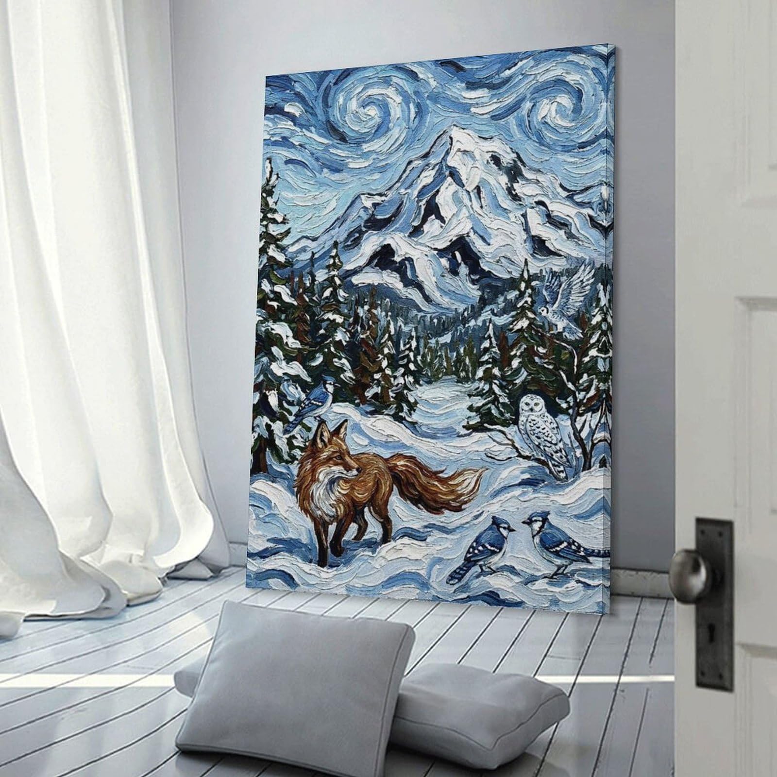 Junmoney Winter Landscape with Fox And Birds Room Decor Wall Art 20x30inch(50x75cm), for Bedroom Walls, Guest Spaces Or Lounges, An Easy Wall Refresh for Bedrooms