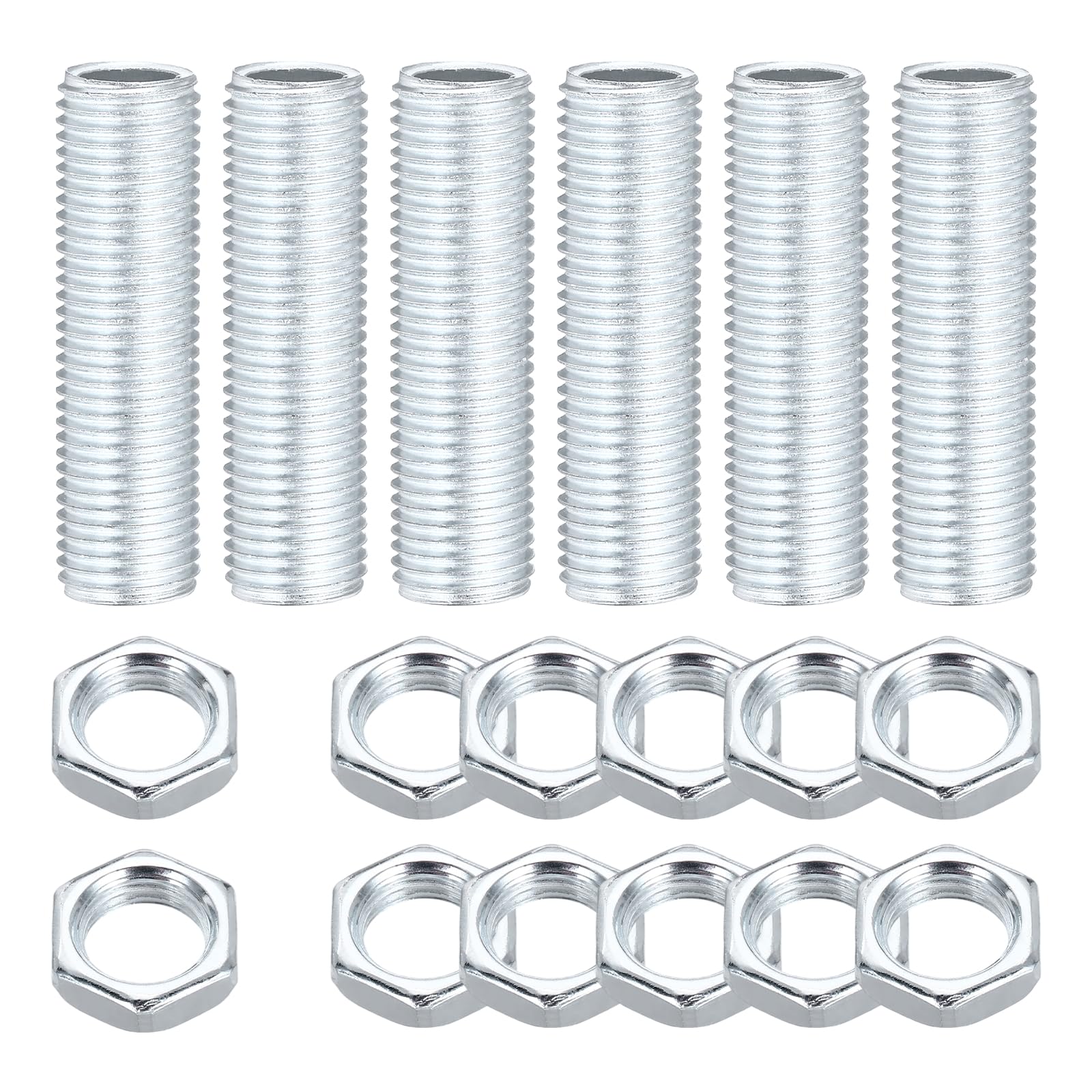 sourcing map 6Pcs 50mm Lamp Pipe Nipples Kit with Lock Nuts, M14x1.5 Fine All Threaded Hollow Tube Lamp Repair Hardware Fasteners for Chandelier Ceiling Lamps Assembly DIY, White Zinc