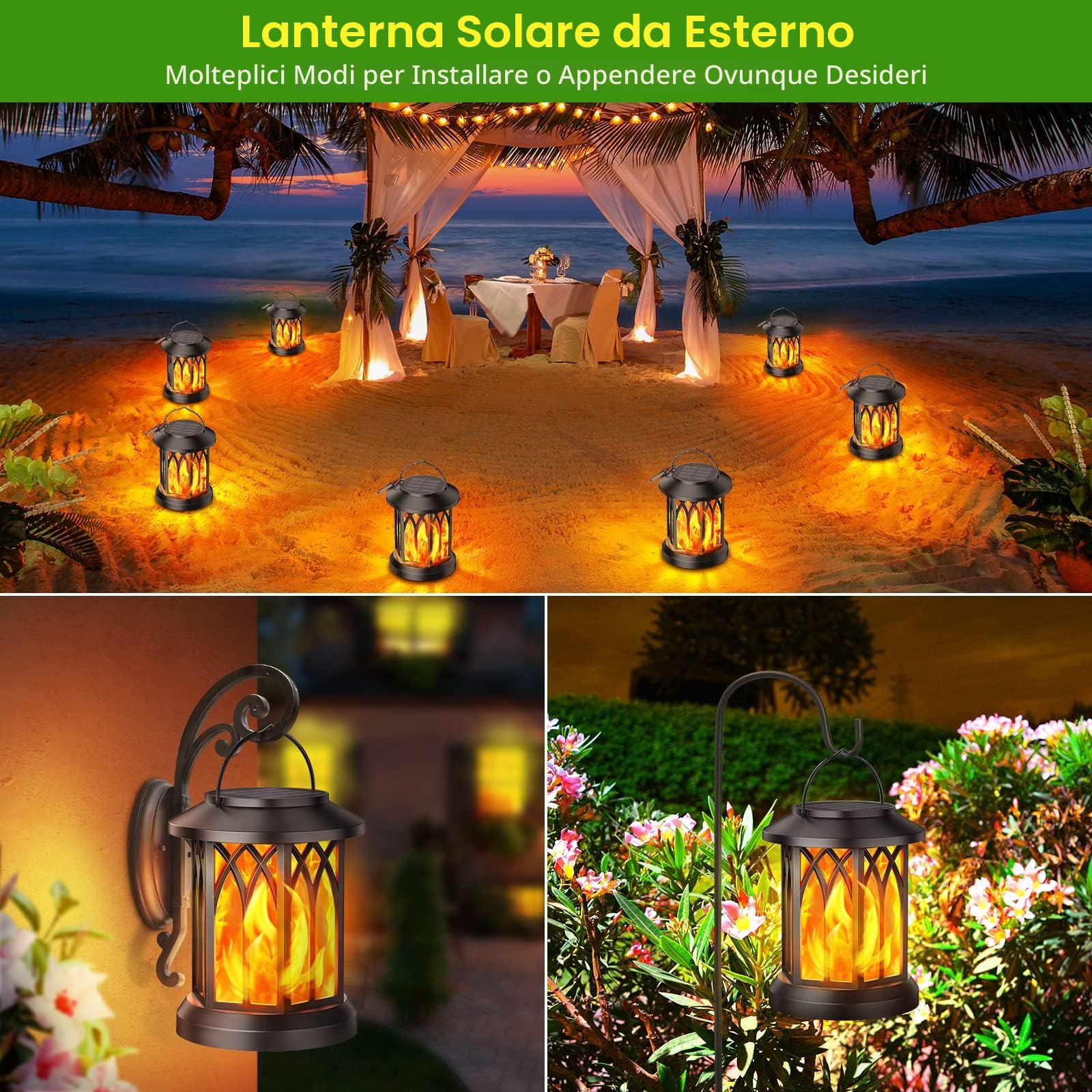 GEARLITE Lanterne Solari da Esterno, 2 Pezzi Lanterna Solare da Esterno Effetti Fiamma Realistici, IP65 Impermeabile Lampada Solare da Giardino Esterni Appese con Clip per Cortile, Halloween, Balcone