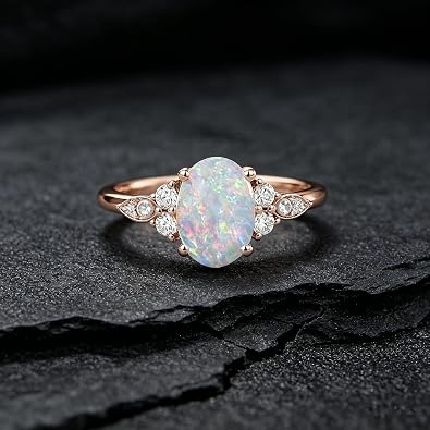 Auldey 1.25ct 925 Sterling Silver Opal Ring for Women Oval Cut Engagement Ring October Birthstone Opal Ring For Her Opal with Moissanite for Wedding Anniversary Rings