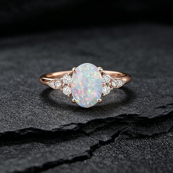 Auldey 1.25ct 925 Sterling Silver Opal Ring for Women Oval Cut Engagement Ring October Birthstone Opal Ring For Her Opal with Moissanite for Wedding Anniversary Rings