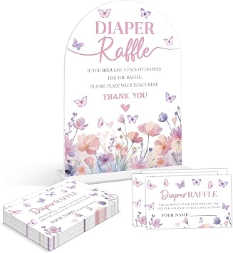 Baby Shower Games - Butterfly Diaper Raffle, 1 Arch Acrylic Sign and 50 Diaper Raffle Tickets, Gender Reveal Game, Purple Butterfly Baby Shower Decoration Supplies NS02