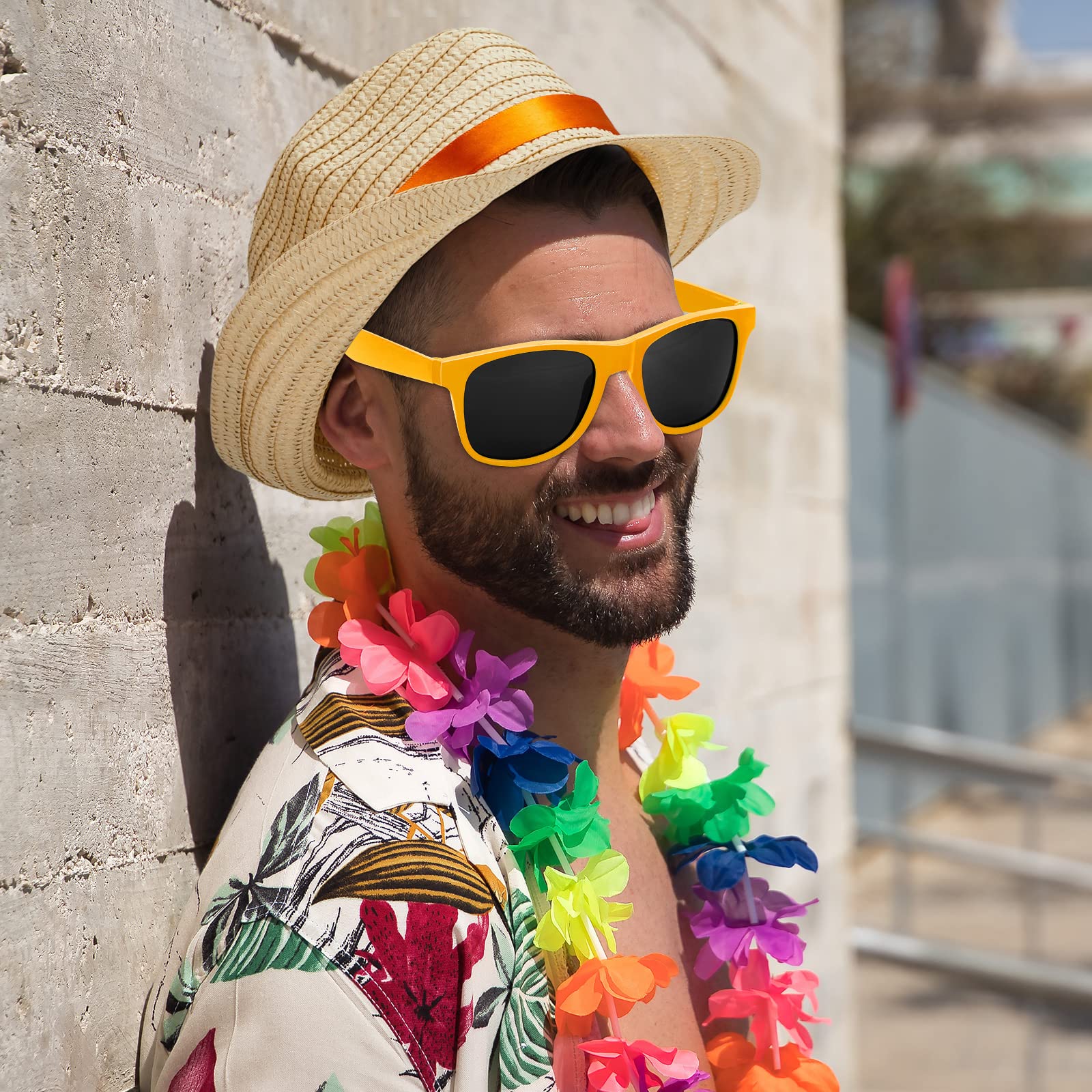 Newcotte Strohhüte mit Sonnenbrille, Fedora-Partyhüte für hawaiianische Luau-Zubehör, kubanische Sommergeschenke, Rot, Orange, Gelb, Grün, Blau, Violett, One Size