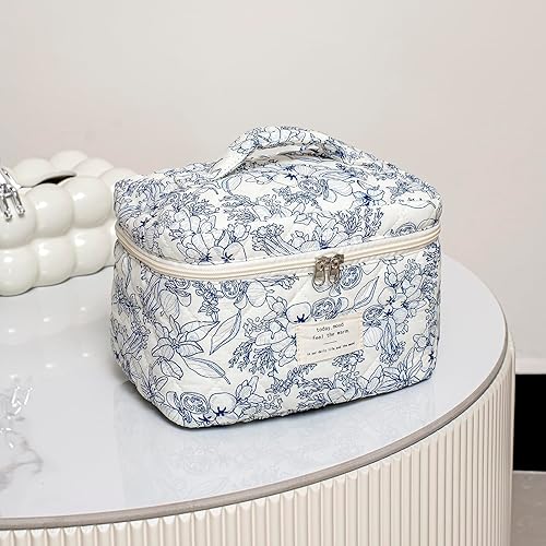 Miniatura 6 de uekeboag Bolsa de maquillaje acolchada de viaje grande para mujer, bolsa de cosméticos de algodón floral, bolsa organizadora de artículos de tocador