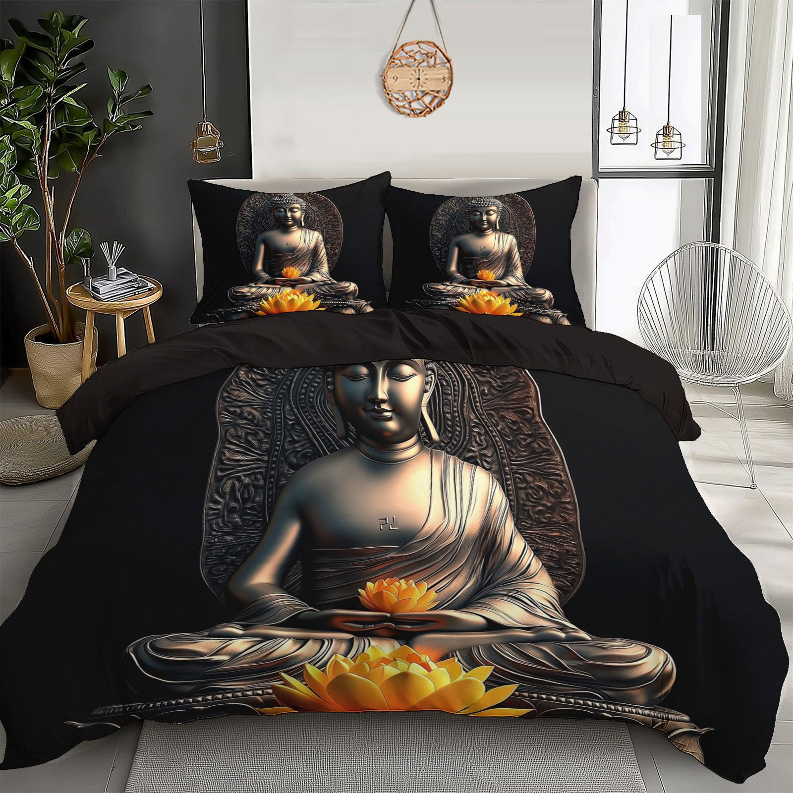 Copripiumino Matrimoniale Statua Di Buddha Realistica, Loto Dorato - Set Parure Copripiumino Matrimoniale In 100% Microfibra 3 Pezzi Con 2 Federa(50X75Cm) Cme Chiusura A Cerniera