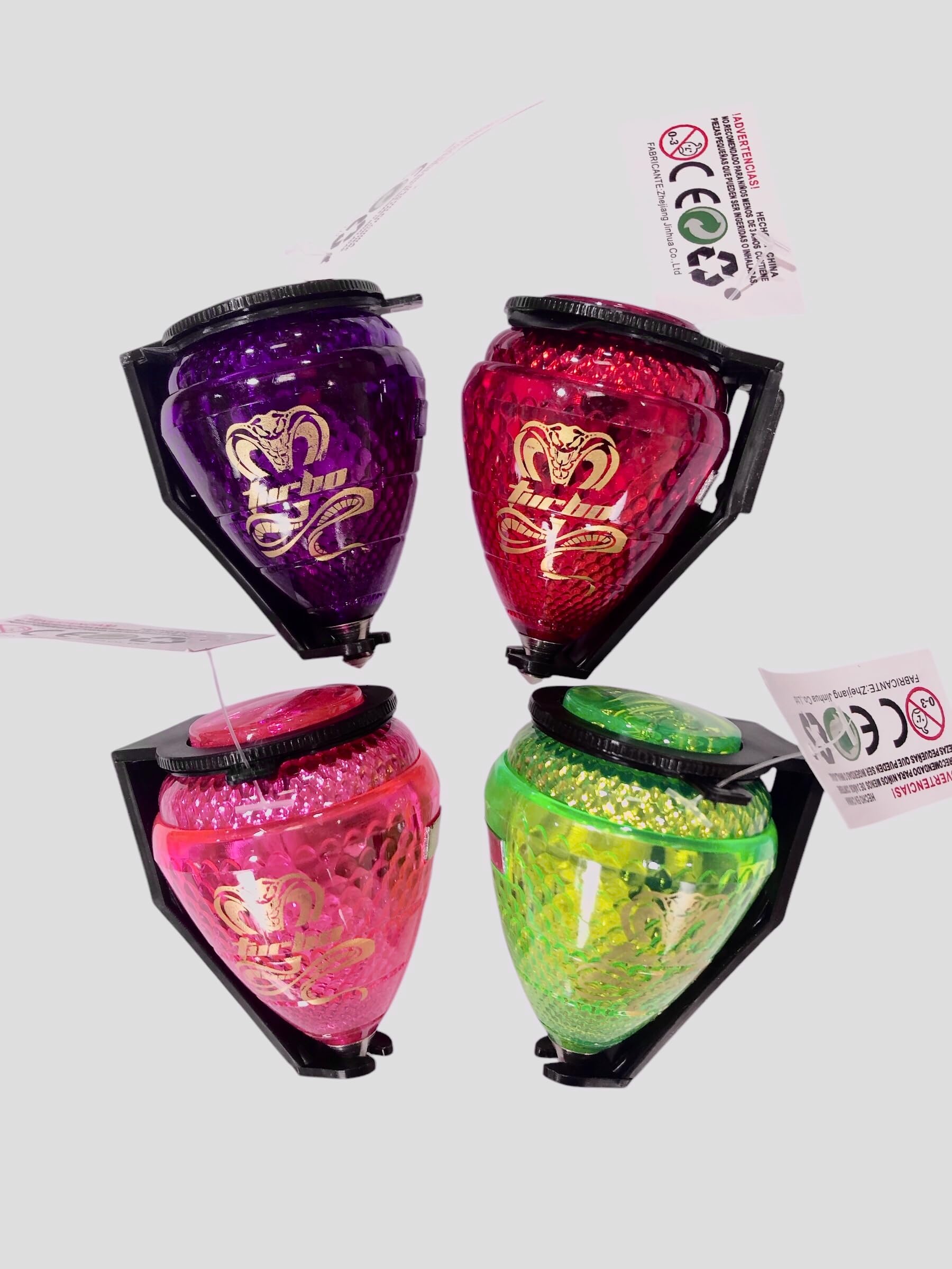 Trompo COBRA Turbo. Con luz LED. Lote de 3 Trompos (uno de cada color, Azul, Violeta, Rojo,Verde, o Rosa)