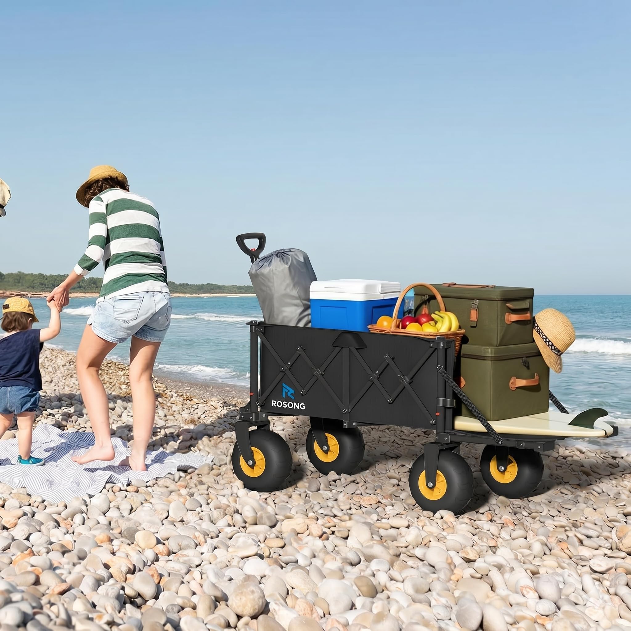 ROSONG Chariot de Plage Pliable avec Grosses Roues Chariot de Transport Tout-Terrain avec Hayon pour Objets Longs Remorque Jardin et Plage Camping Jardin, Noir