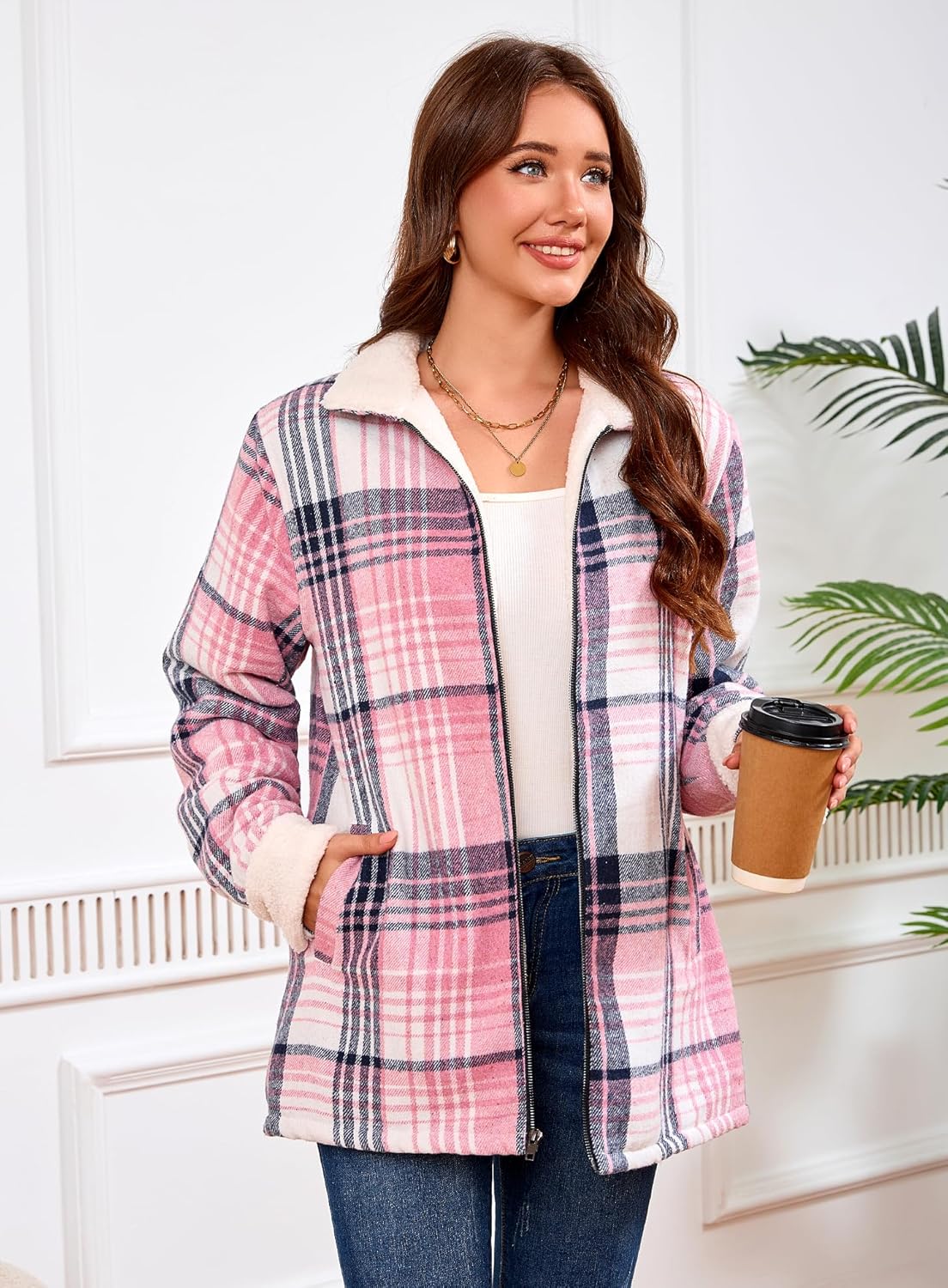 Women's Sherpa Lined Jackets Sherpa Turn-Down Collar Full Zip Fleece Flannel Jacket for Women Trendy - Image 6