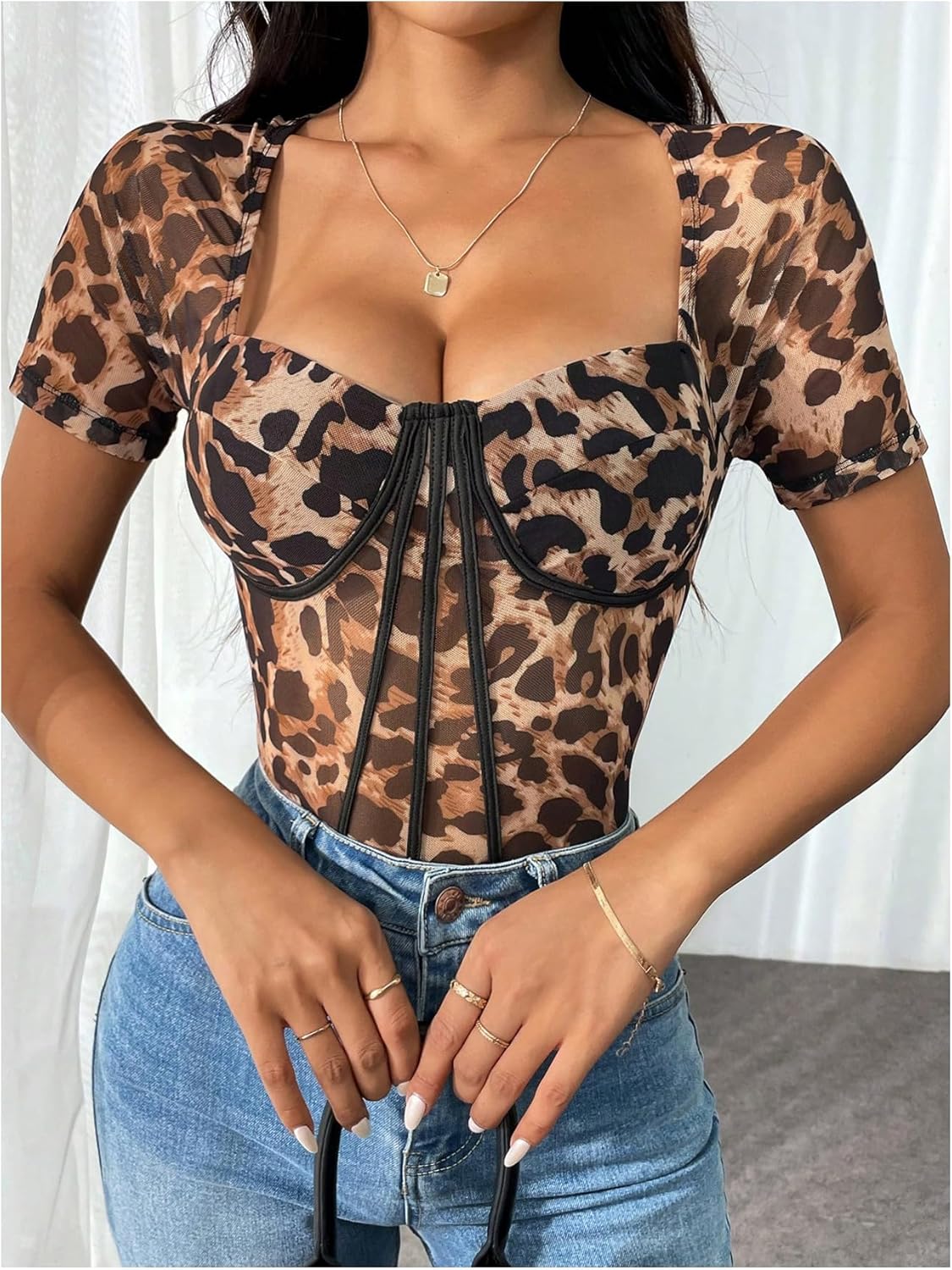 SweatyRocks Women's Leopard Print Mesh Corset Bodysuit Sheer Short Sleeve Going Out Leotard Tops - Image 5