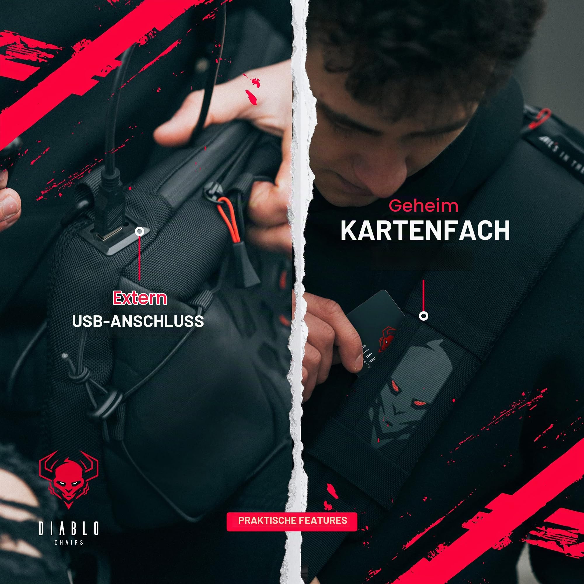 Diablo Umhängetasche Schulterrucksack Brusttasche USB-Anschluss Anti-Diebstahl Zahlenschloss für Reißverschluss 11 Taschen Wasserdicht