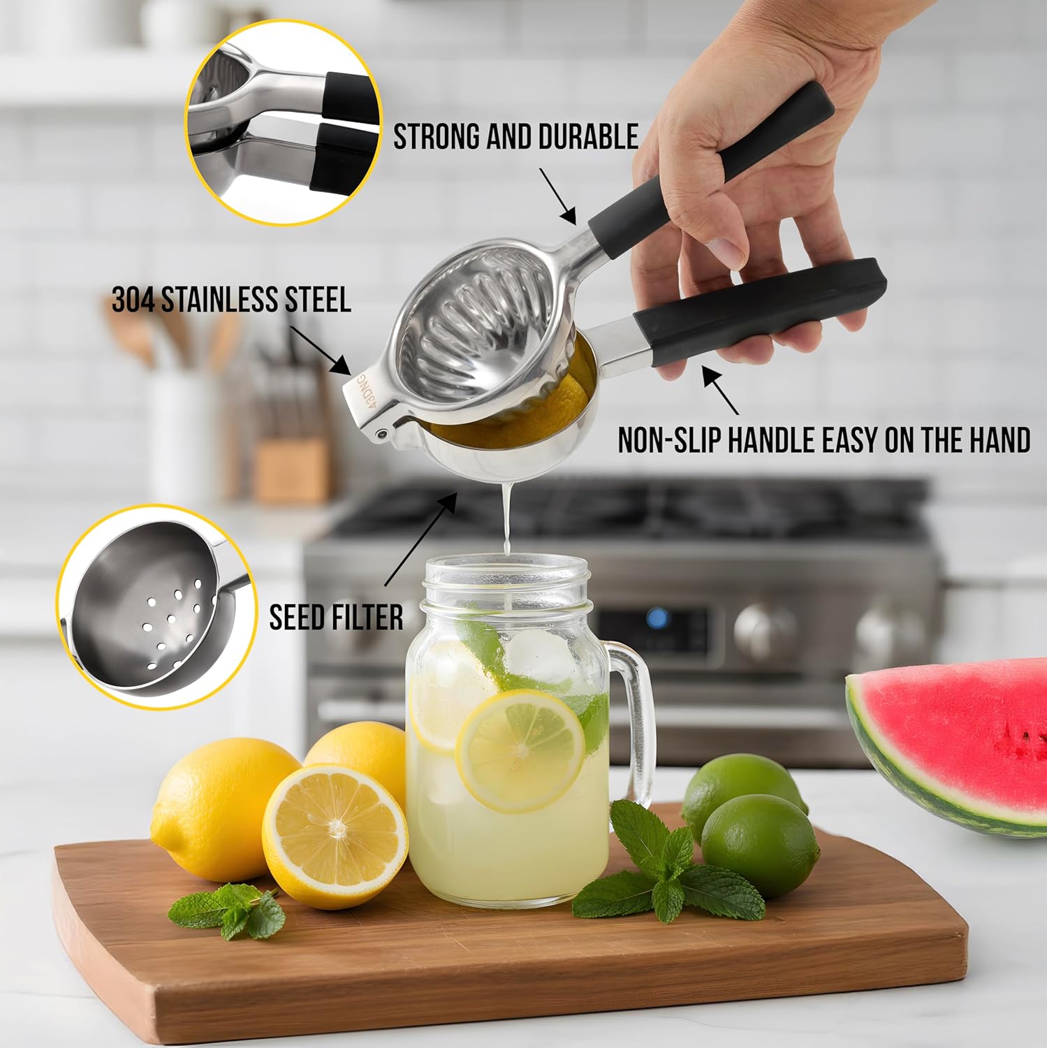 Stainless Steel Lemon Squeezer Citrus Juicer – Large Bowl, Heavy-Gauge Steel, Long Textured Non-Slip Handles – Large Size, Easy to Clean, Maximum Juice Extraction for Kitchen Use