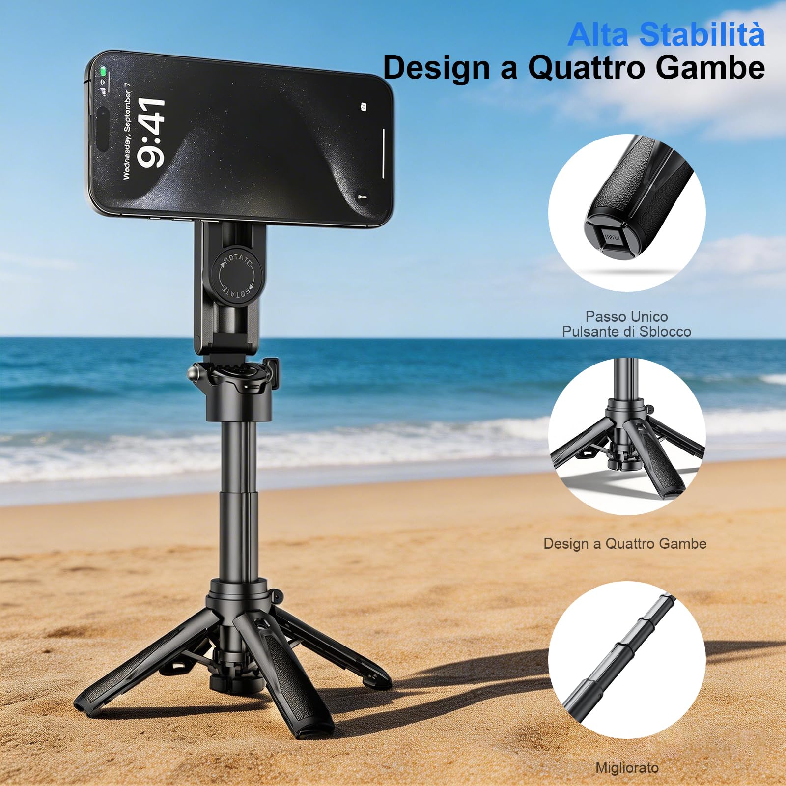 Treppiede magnetico mini 4-in-1 per smartphone, bastone selfie con telecomando Bluetooth rimovibile, zoom regolabile, slitta fredda, per iPhone e Android – pieghevole, ideale per vlog/fotografia