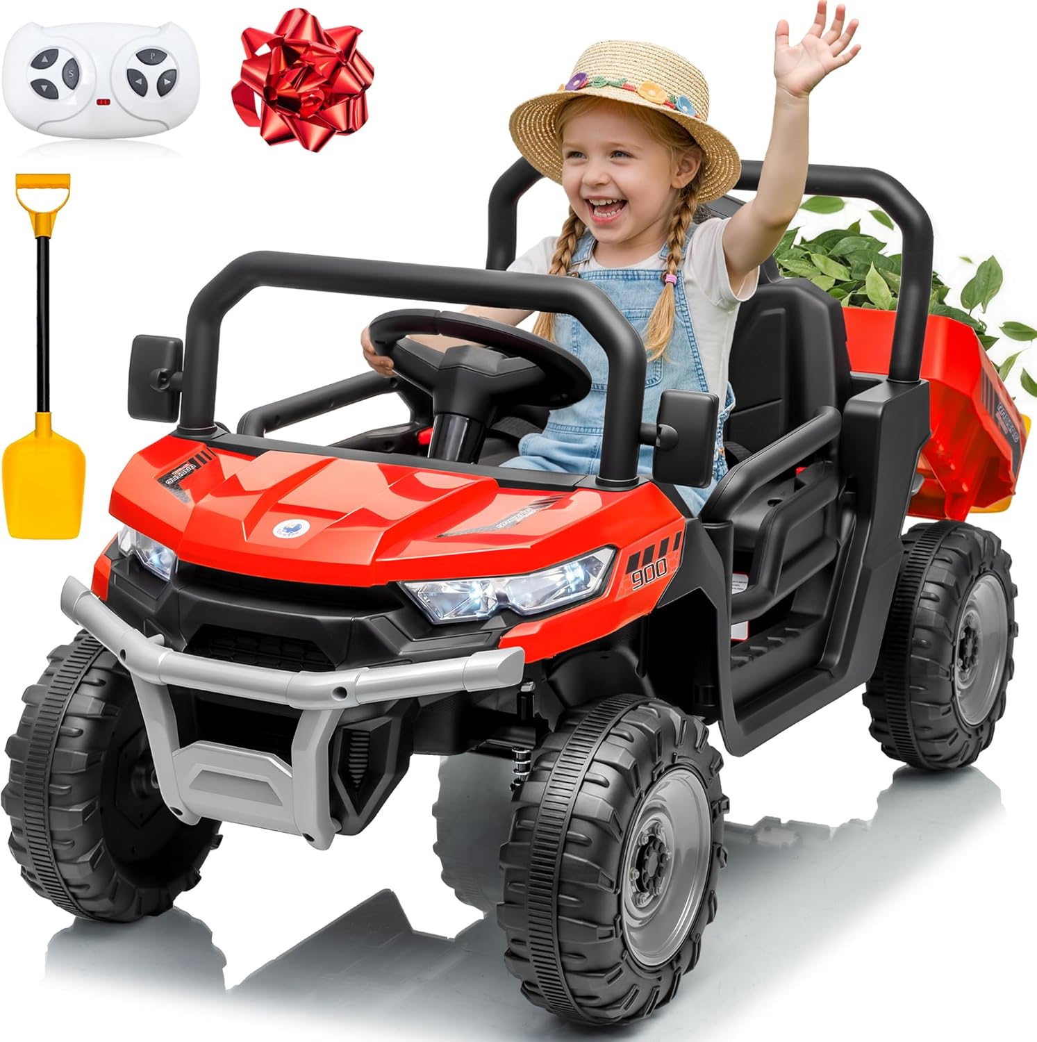 24V Ride On Dump Truck, 400W Power Ride On Toys w/Remote Control, 3 Speeds, Electric Dump Bed & Shovel, Shock Absorbers, Led Lights, Bluetooth & Gift Bow, Electric Car for Kids Toddlers, Red