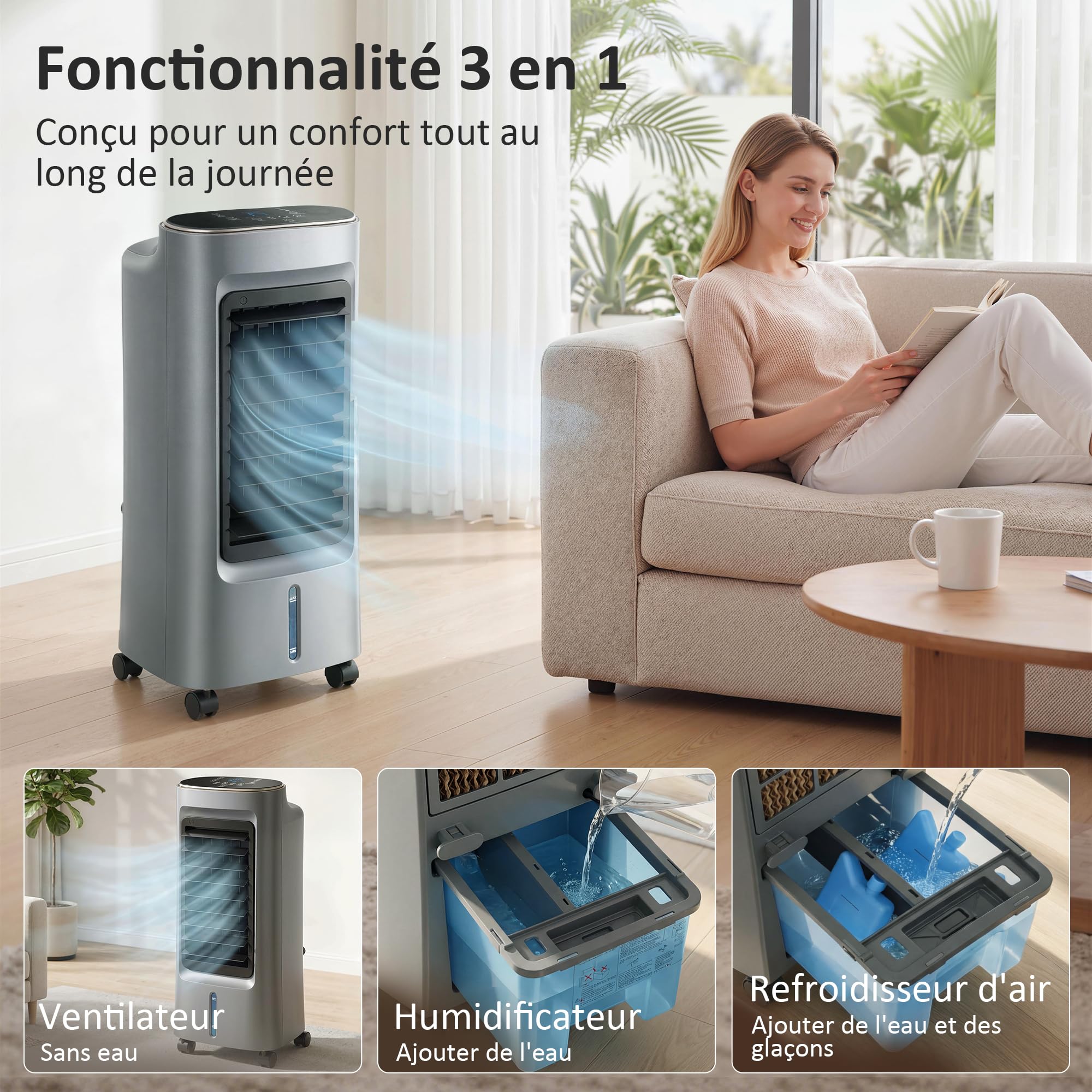HOMCOM Refroidisseur d'air mobile 4 en 1 humidificateur, purificateur et ventilateur, oscillation 90°, 3 vitesses, 3 modes, réservoir d'eau 6L, packs de glace, télécommande, pour chambre bureau, gris