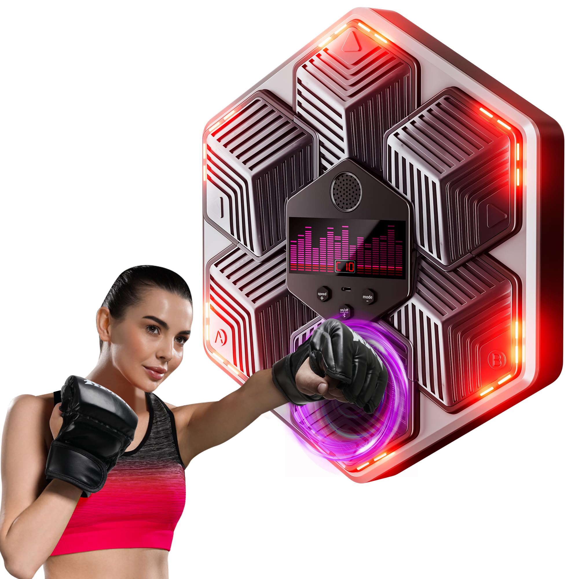 Music Boxing Machine Adultos - 14 Modos de 16 Velocidad Maquina Boxeo Musical Pared con Guantes De Boxeo - Máquina de Boxeo con Bluetooth y Recuento Inteligente y Luces al Ritmo de la Música