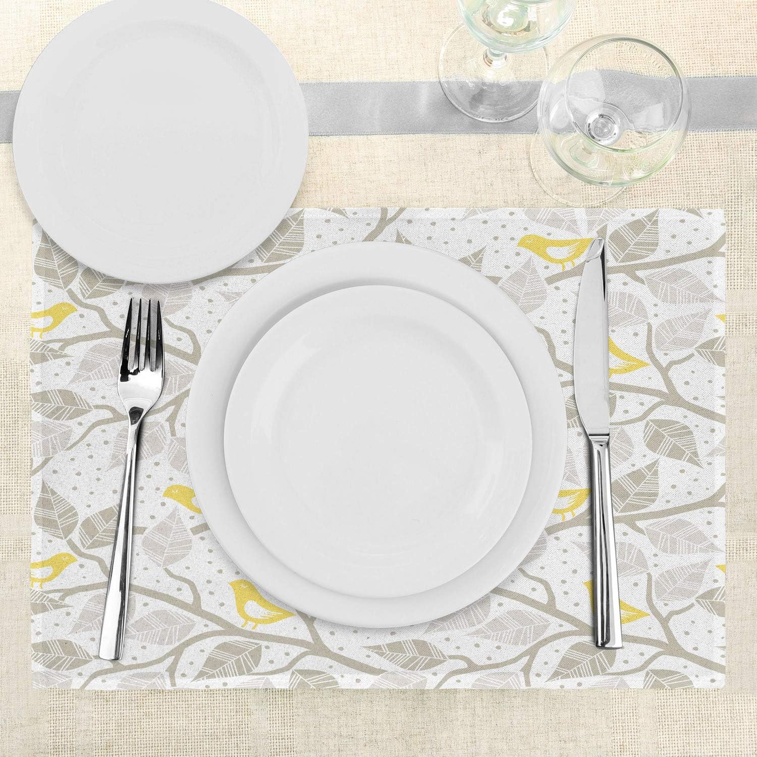 Lunarable Grey Place Mats Set of 4, Pastel Colored Repetitive Pattern of Irregular Dots Silhouettes Style, Washable Fabric Placemats for Dining Table, Standard Size, Yellow White and Sage Green